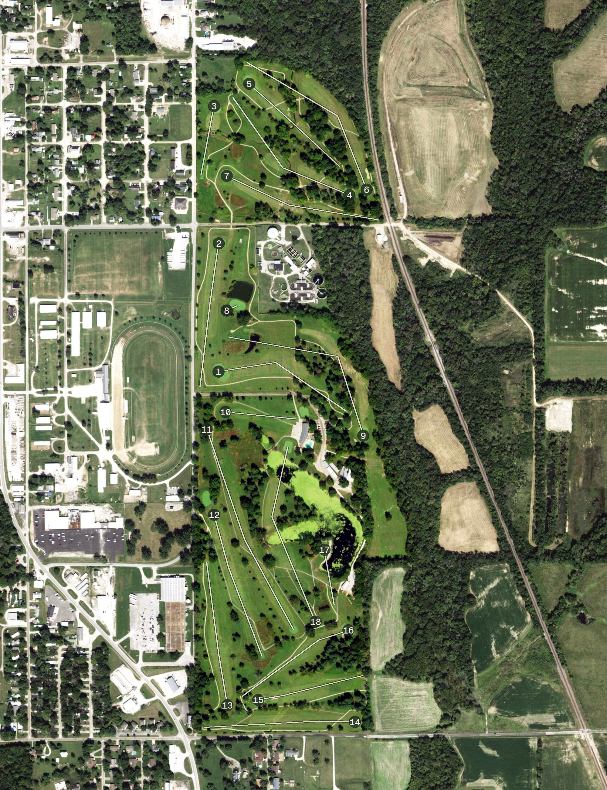 Aerial view of Salem Country Club, IL, with its hole routing marked