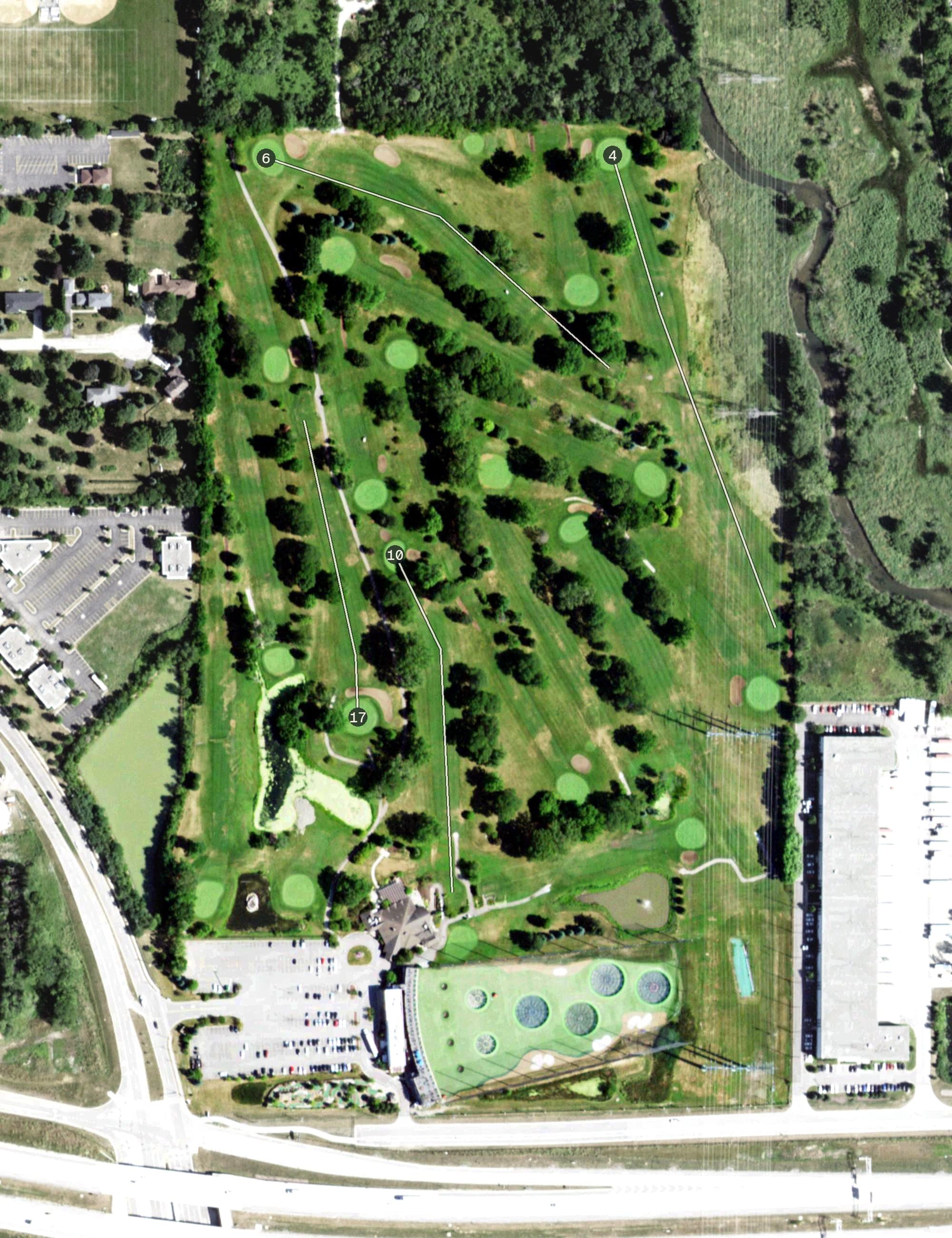 Aerial view of Salt Creek Golf Club, IL, with its hole routing marked