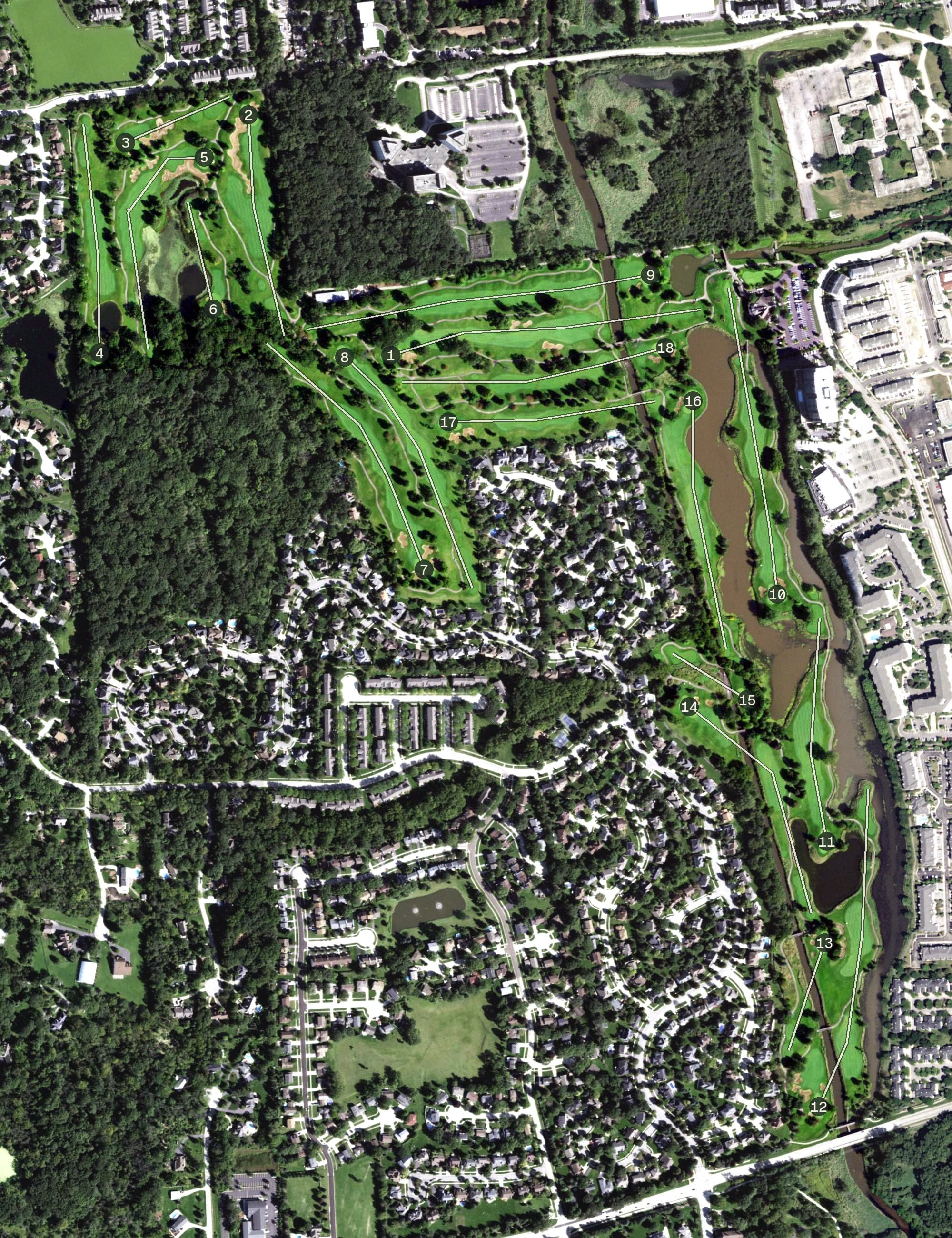 Aerial view of Seven Bridges Golf Club, IL, with its hole routing marked