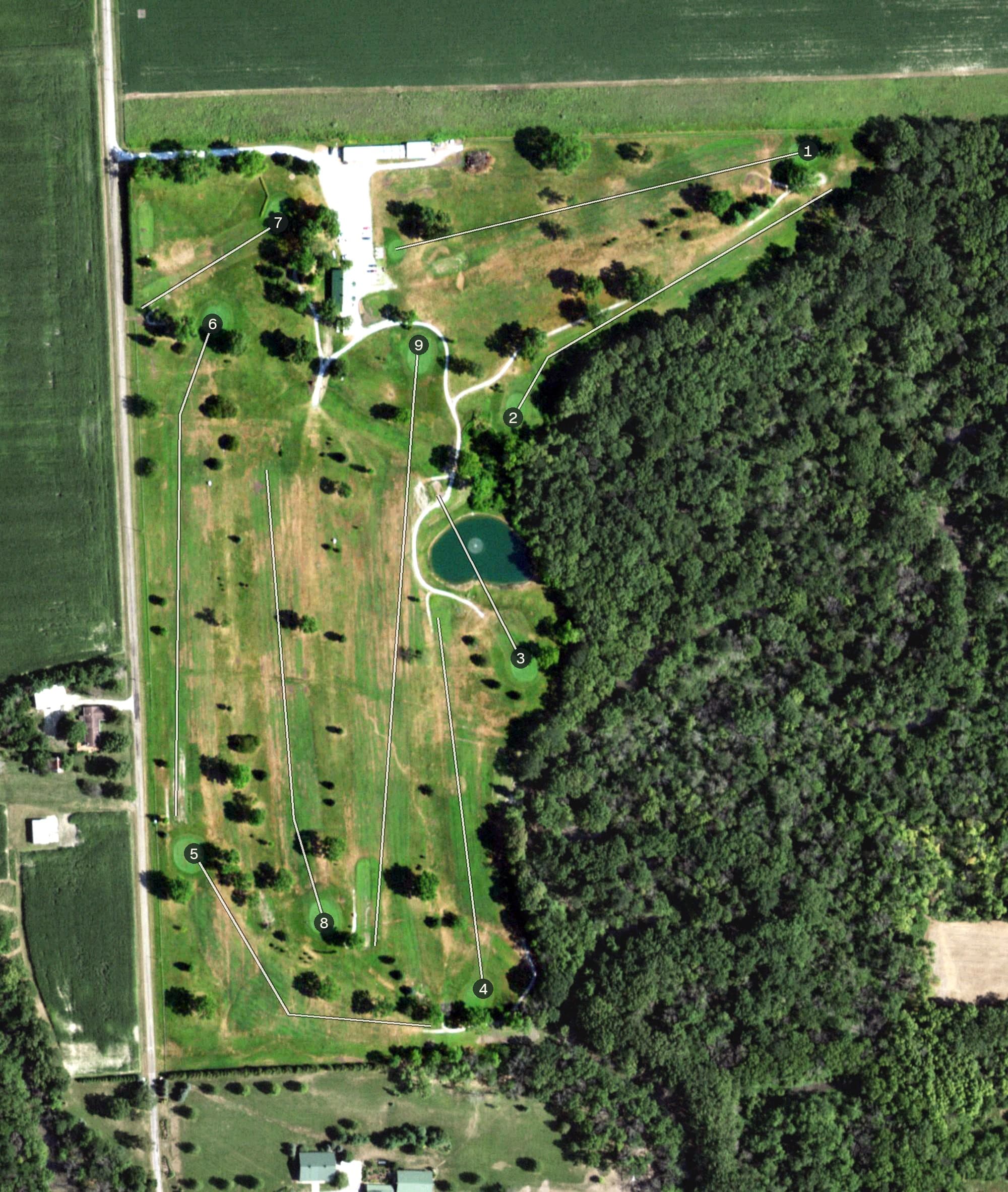 Aerial view of Shagbark Golf & Country Club, IL, with its hole routing marked