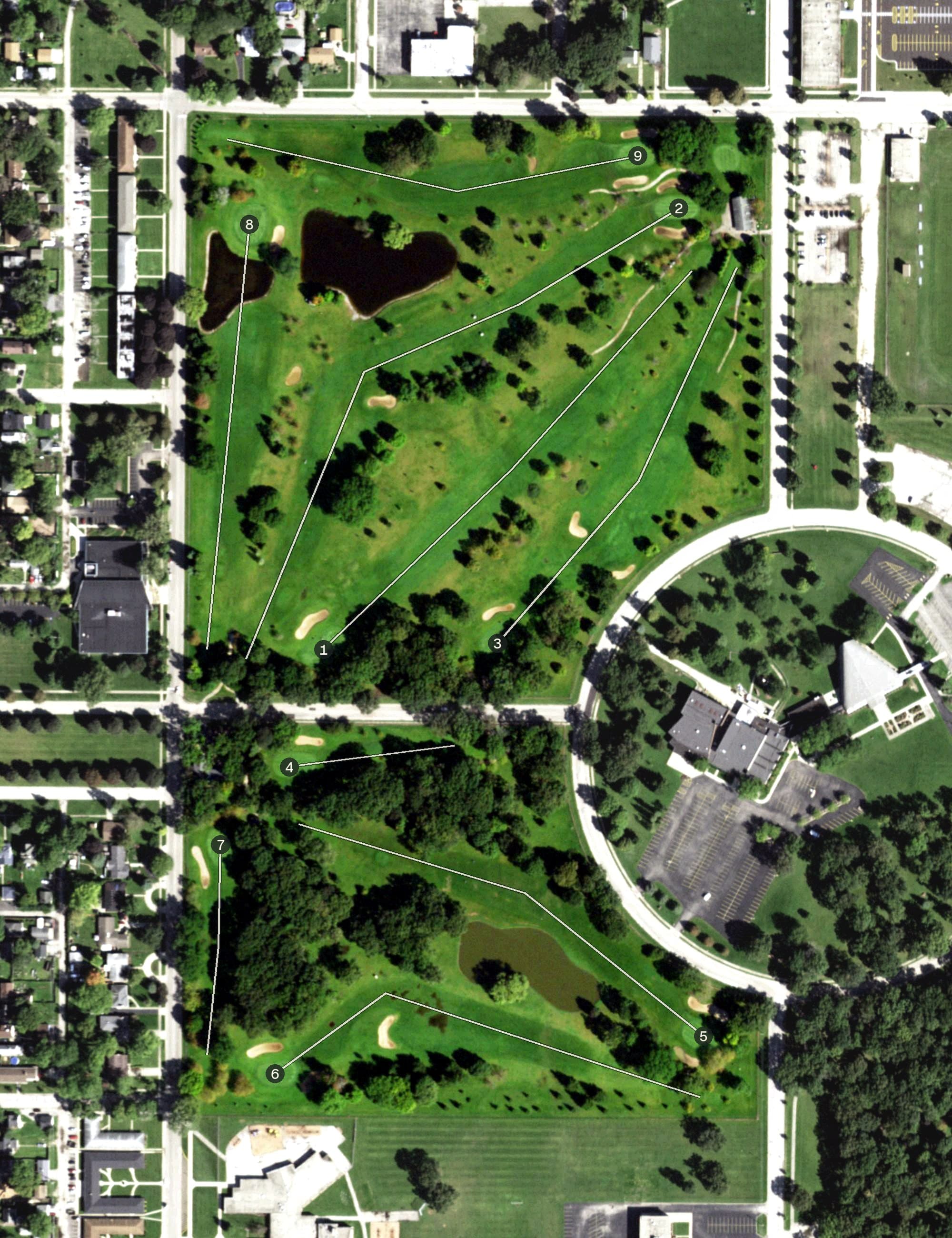 Aerial view of Shiloh Park Golf Course, IL, with its hole routing marked