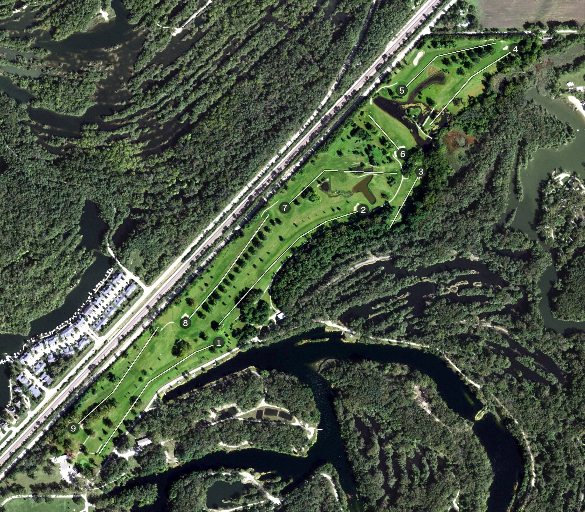 Aerial view of Silver Oaks Golf Club, IL, with its hole routing marked