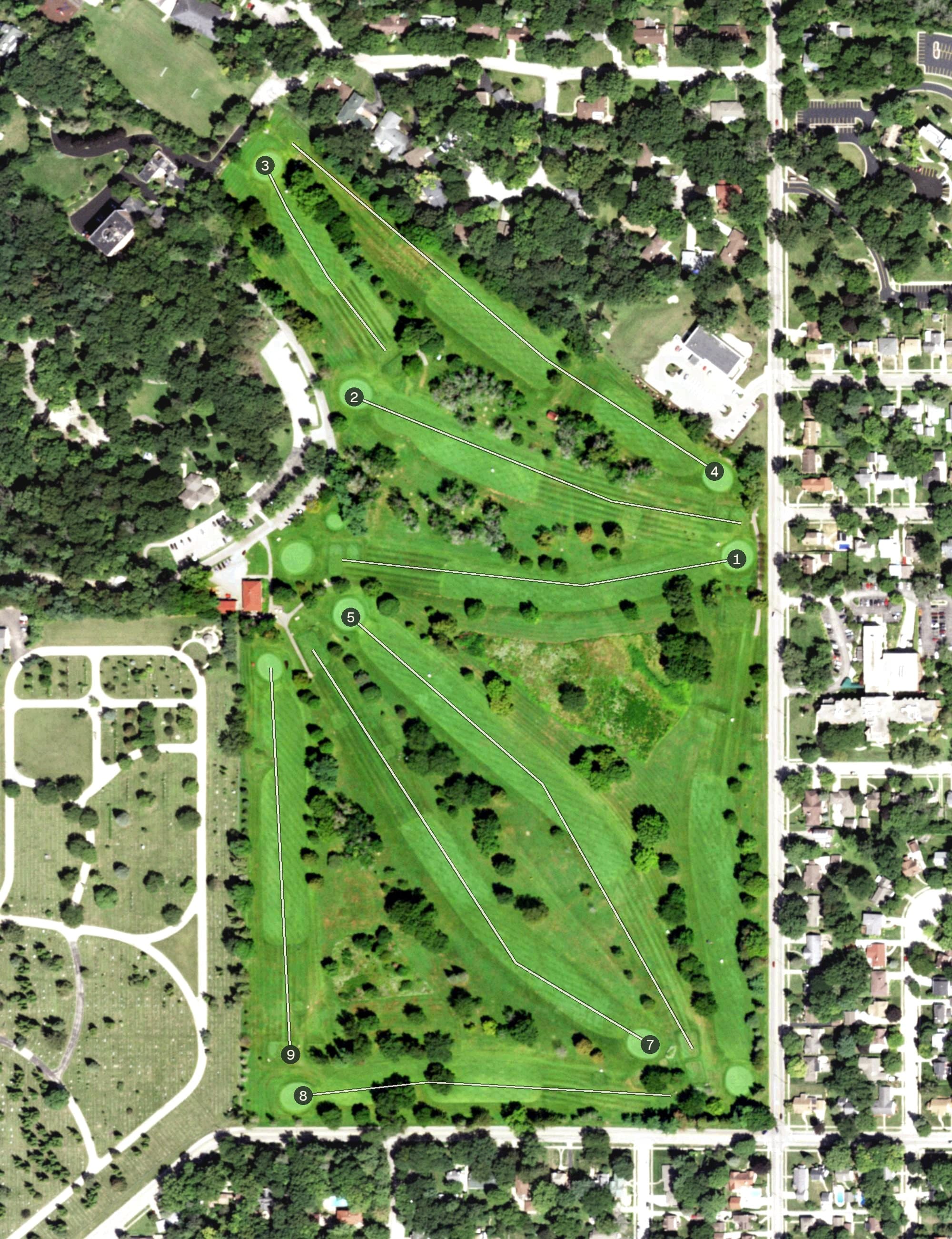 Aerial view of Sinnissippi Golf Course, IL, with its hole routing marked