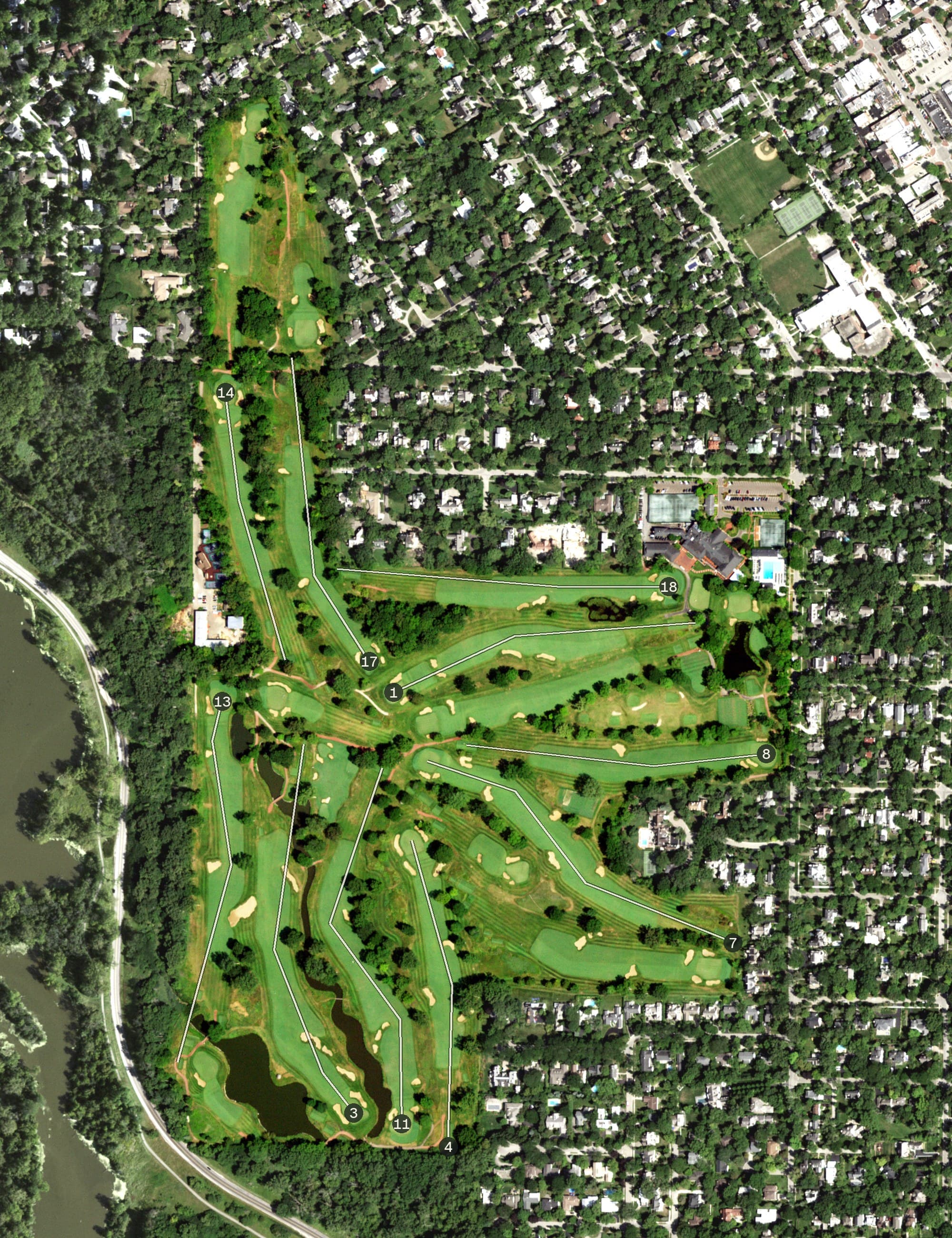 Aerial view of Skokie Country Club, IL, with its hole routing marked