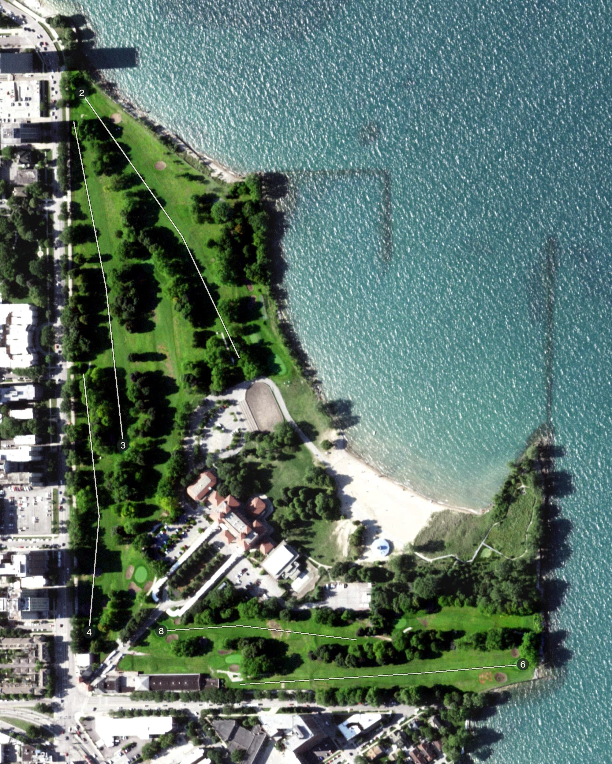 Aerial view of South Shore Golf Course, IL, with its hole routing marked