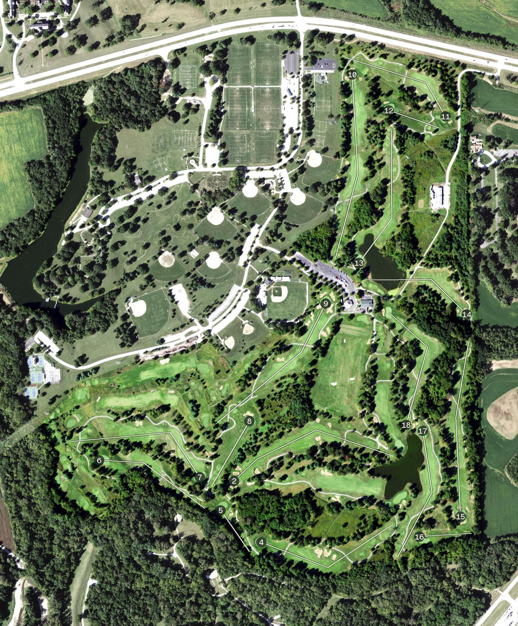 Aerial view of Spencer T. Olin Community Golf Course, IL, with its hole routing marked