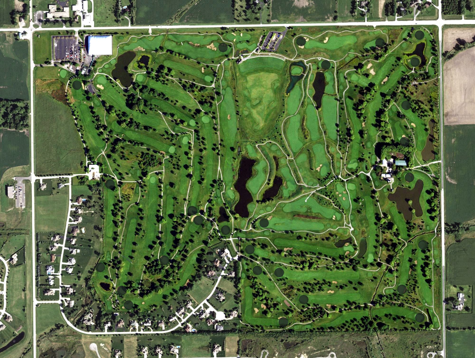 Aerial view of SPG Green Garden Country Club, IL, with its hole routing marked