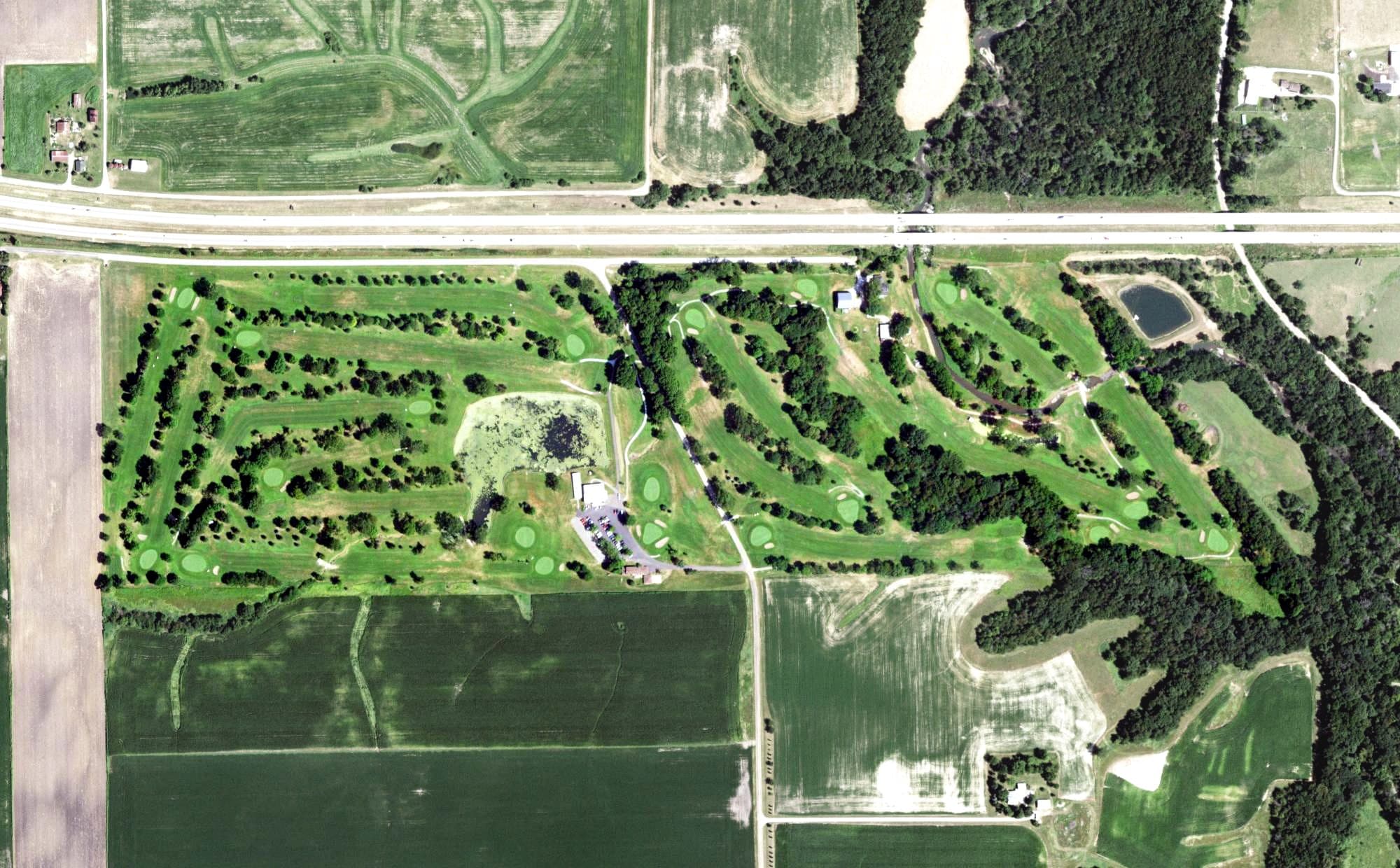 Aerial view of Spring Creek Golf Club, IL, with its hole routing marked