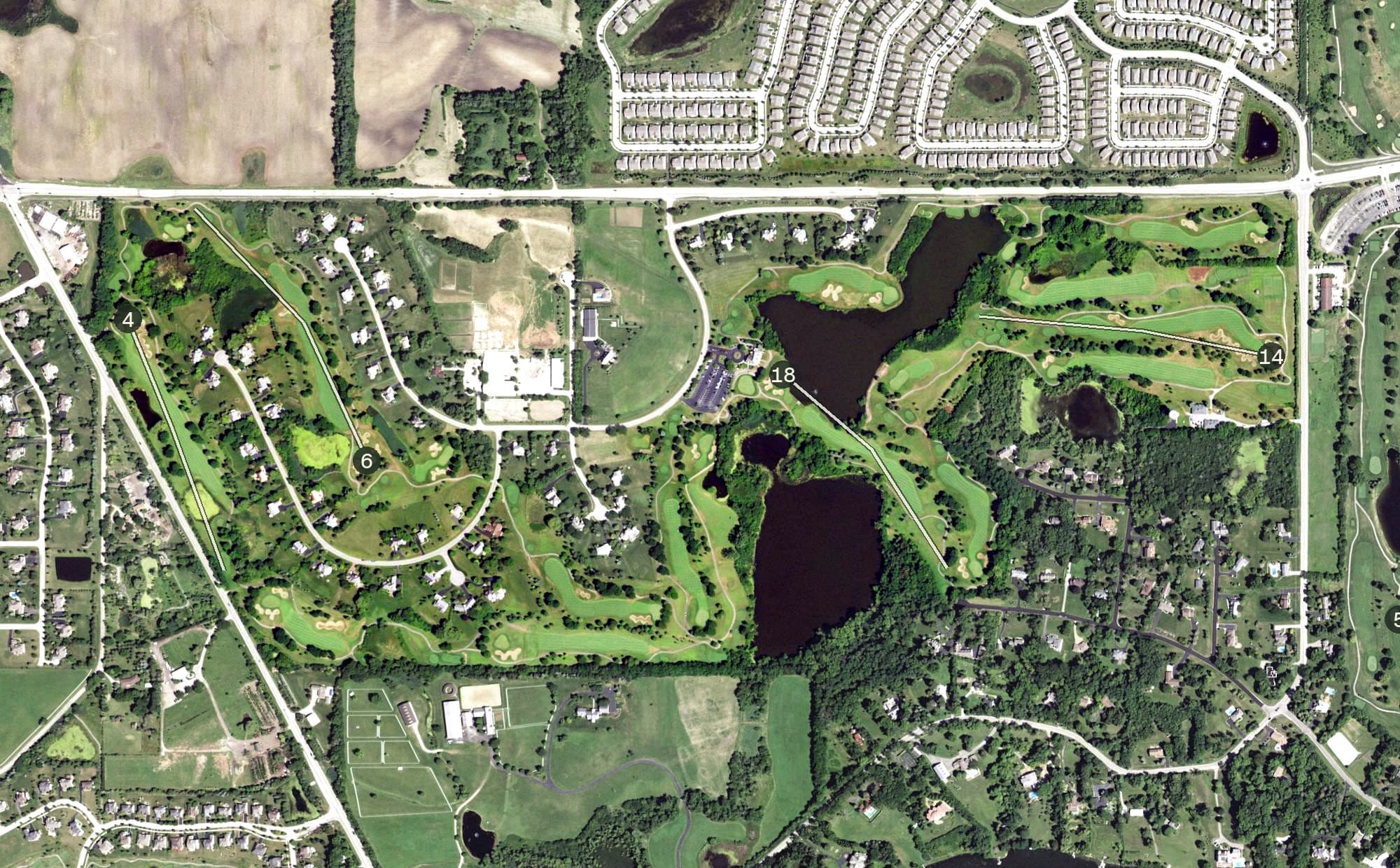 Aerial view of Steeple Chase Golf Club, IL, with its hole routing marked