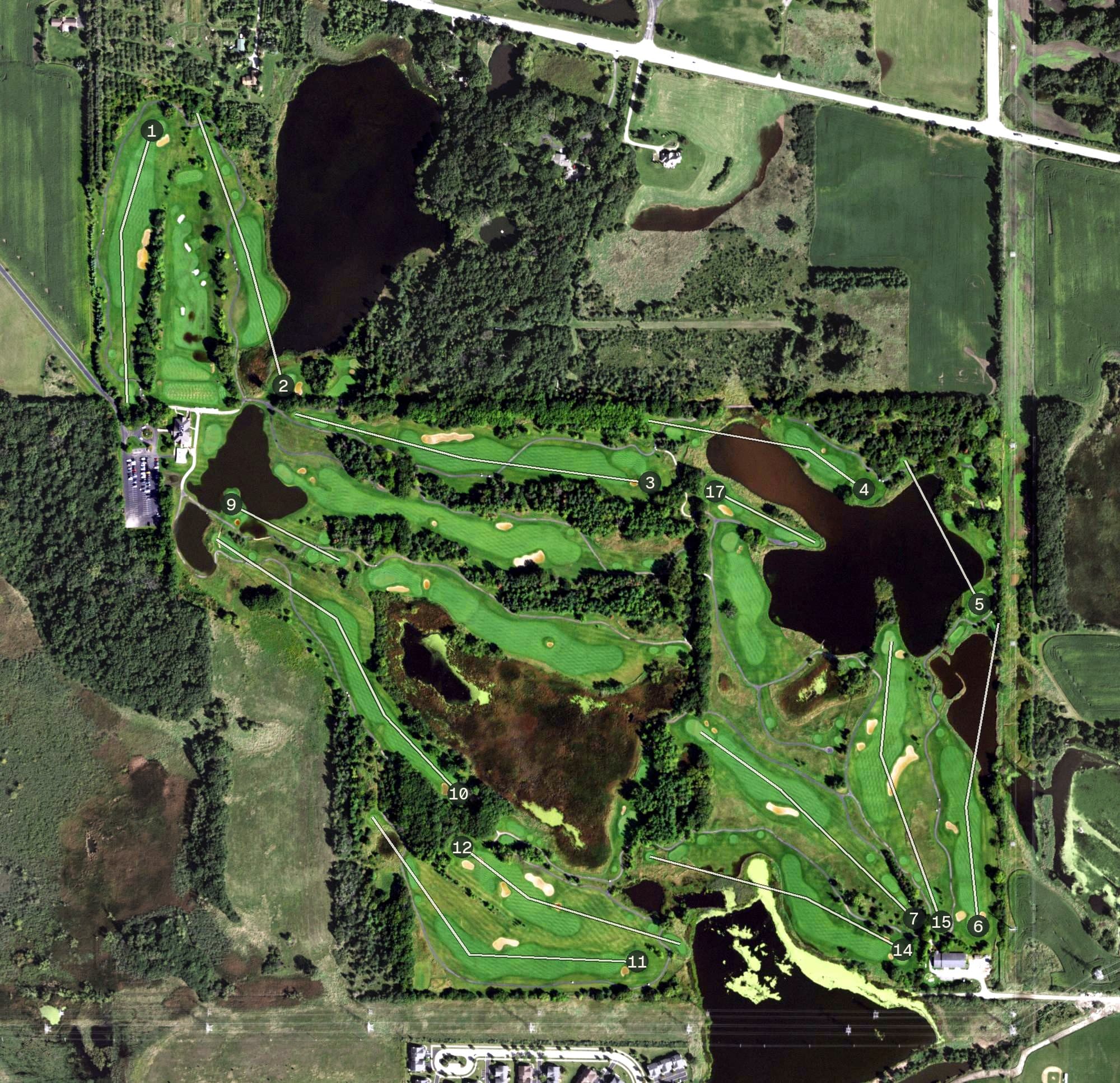 Aerial view of Stonewall Orchard Golf Club, IL, with its hole routing marked