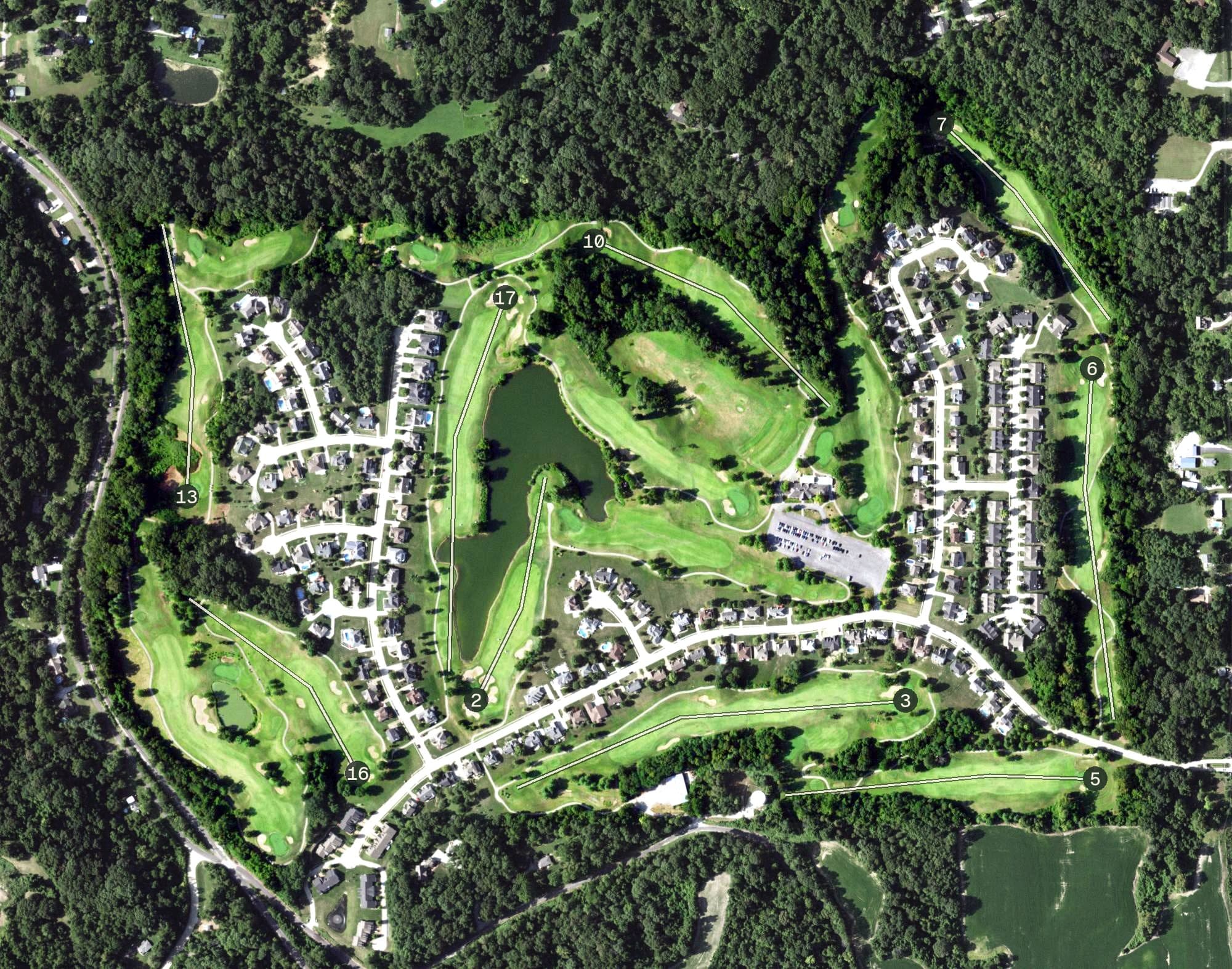Aerial view of Stonewolf Golf Club, IL, with its hole routing marked