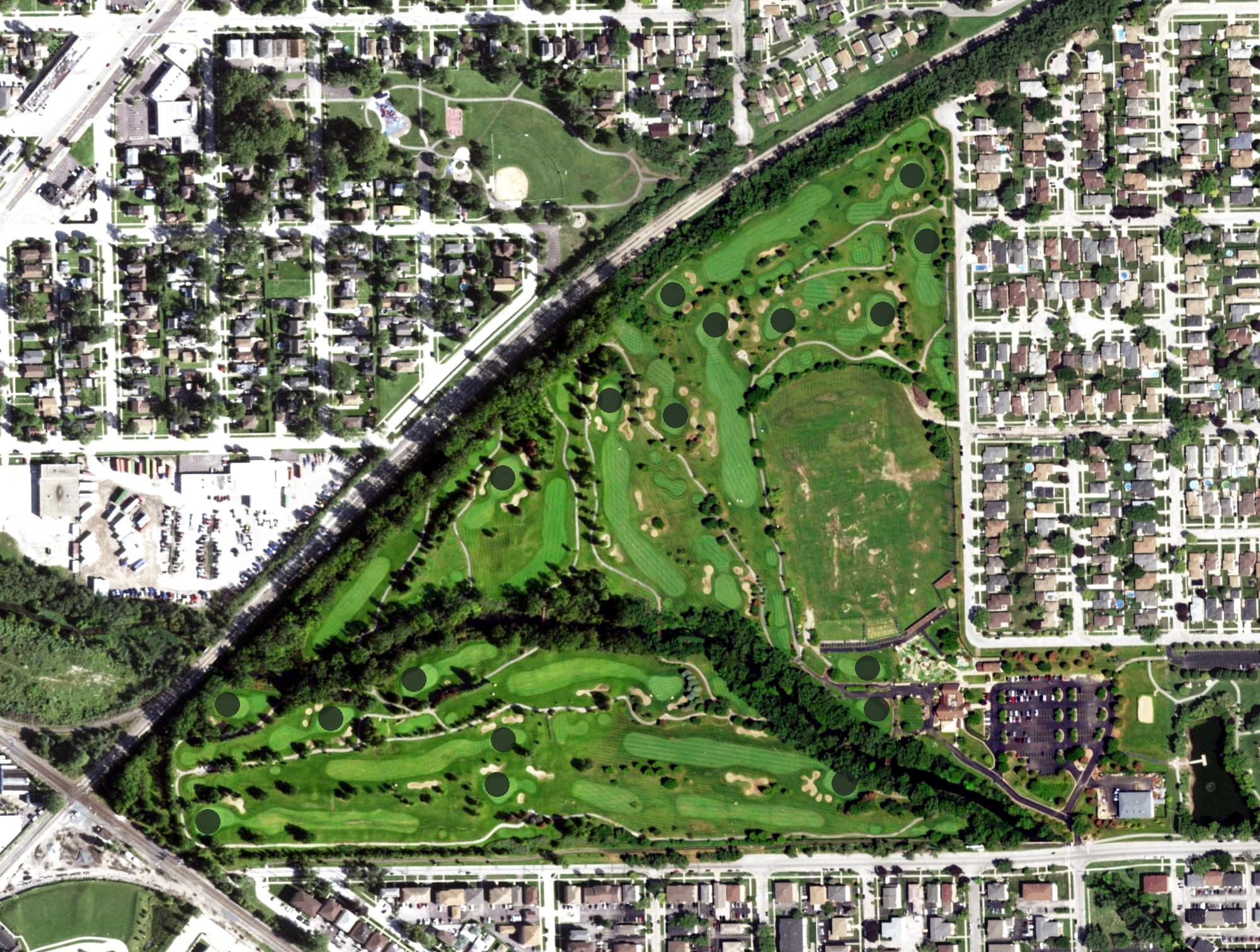 Aerial view of Stony Creek Golf Course, IL, with its hole routing marked