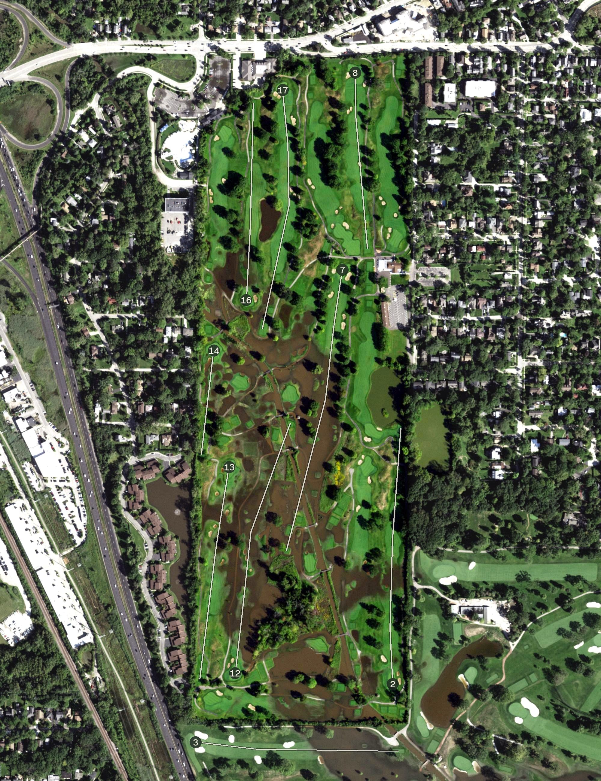 Aerial view of Sunset Valley Golf Course, IL, with its hole routing marked