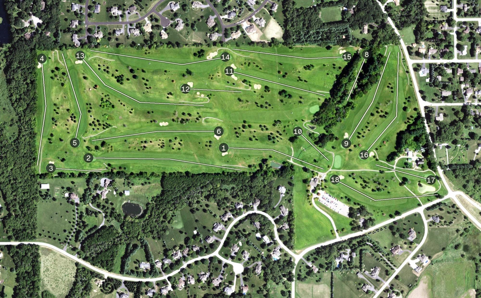 Aerial view of Swan Hills Golf Course, IL, with its hole routing marked