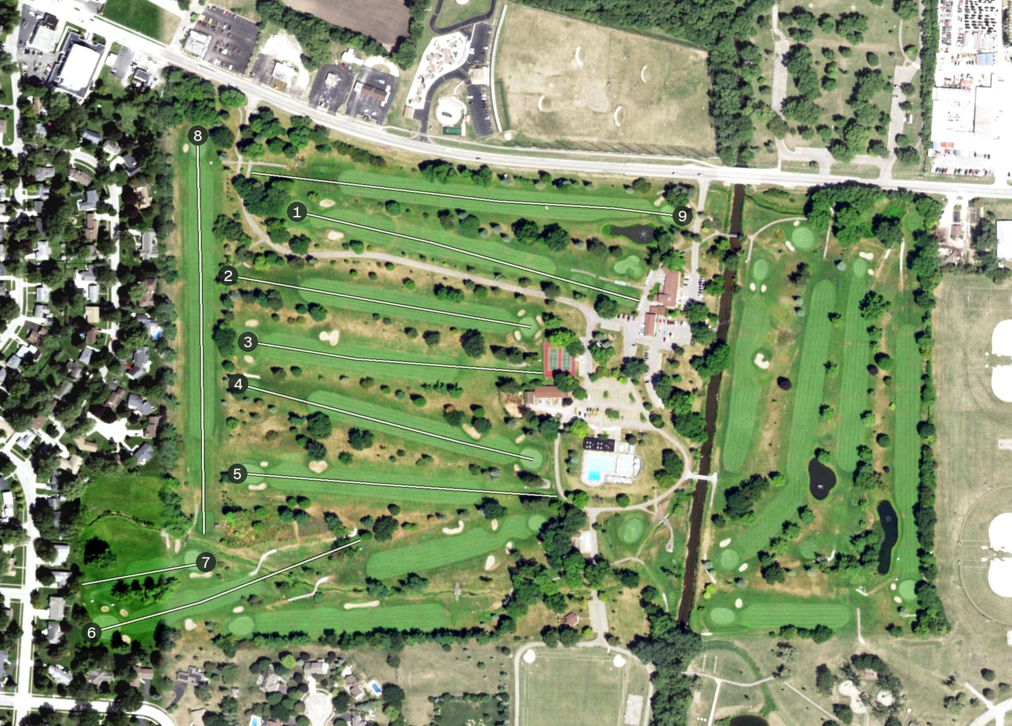 Aerial view of Sycamore Golf Club, IL, with its hole routing marked