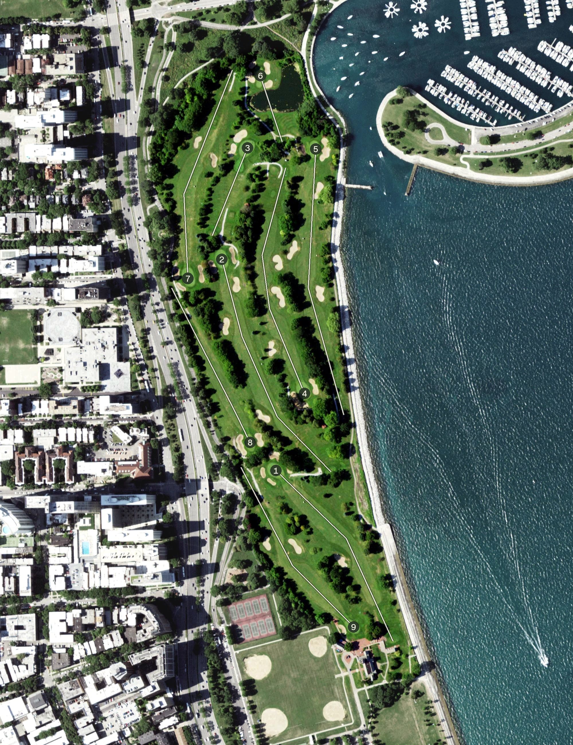 Aerial view of Sydney R. Marovitz Golf Course, IL, with its hole routing marked