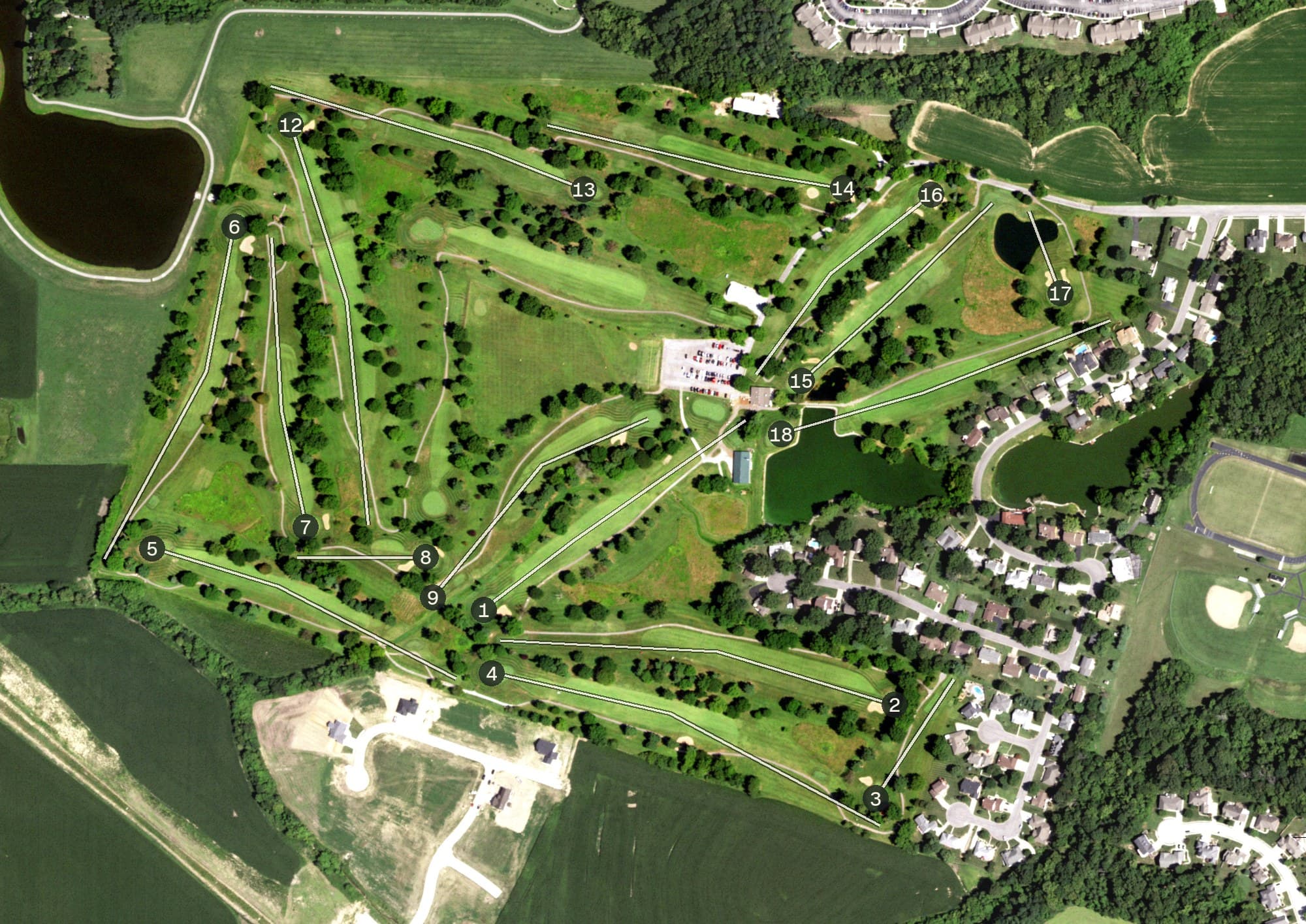Aerial view of Tamarack Golf Club, IL, with its hole routing marked