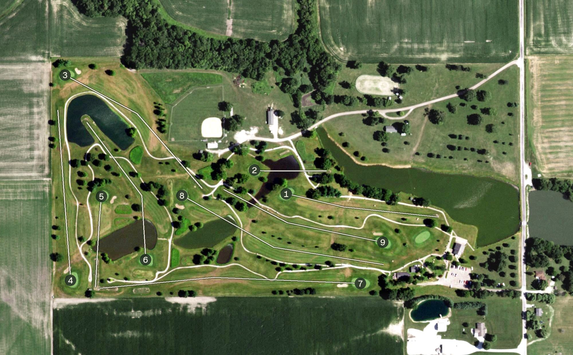 Aerial view of Terry Park Golf Course, IL, with its hole routing marked
