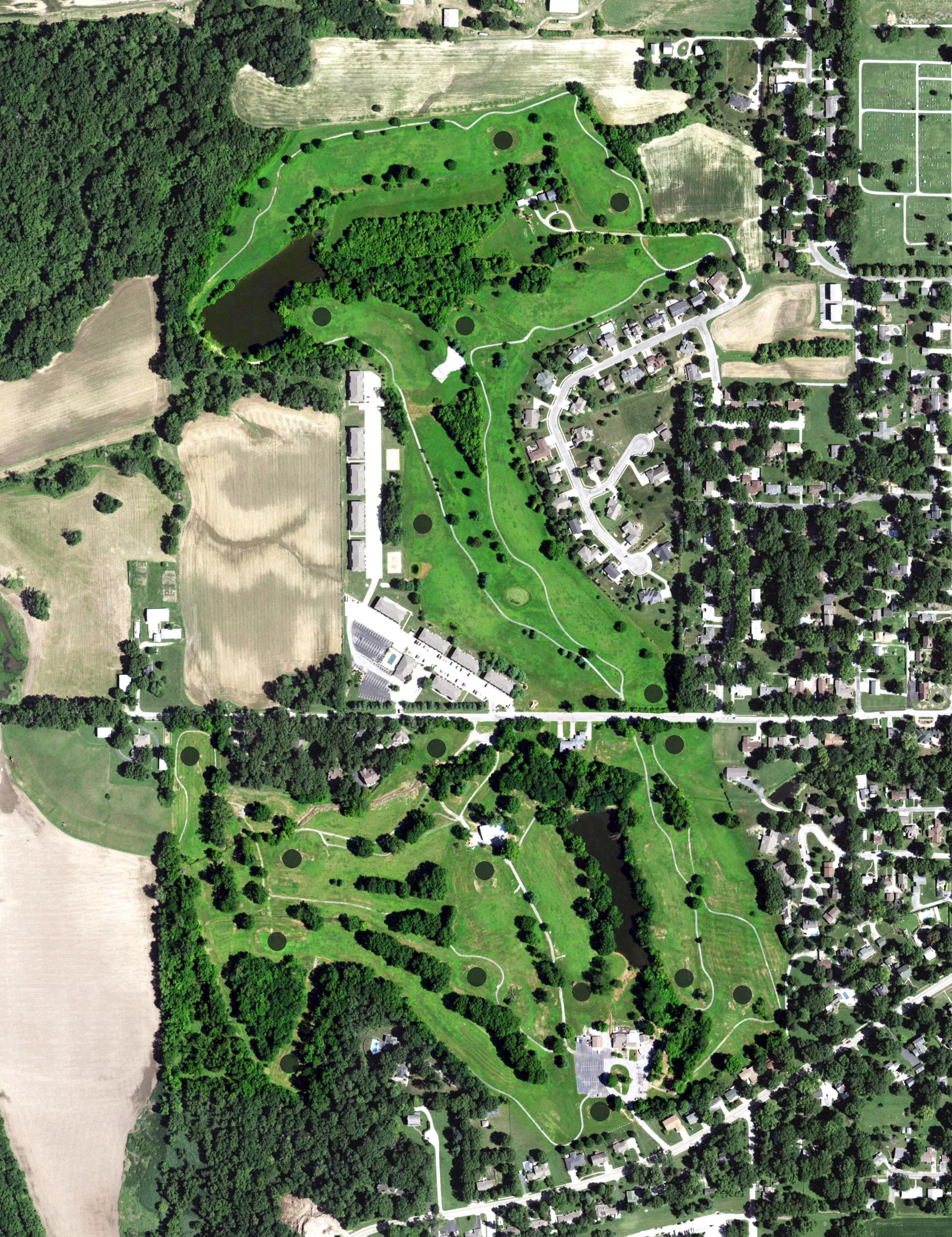 Aerial view of The Hills Golf Club at McKendree University, IL, with its hole routing marked