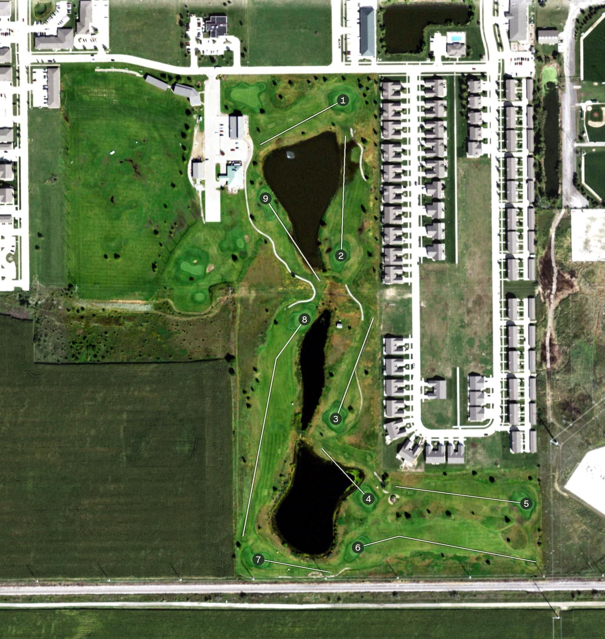Aerial view of The Links at Ireland Grove, IL, with its hole routing marked