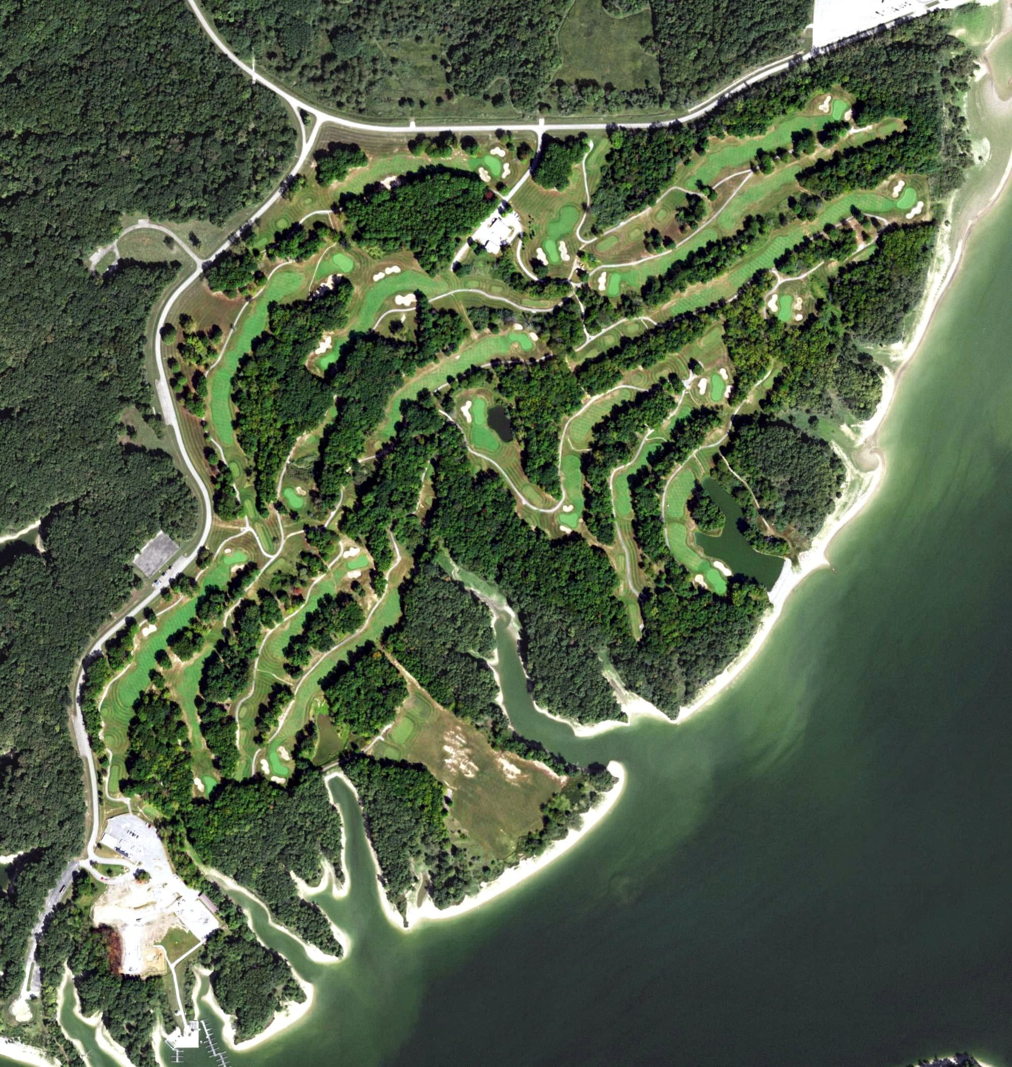 Aerial view of The National Golf Course at Eagle Creek, IL, with its hole routing marked