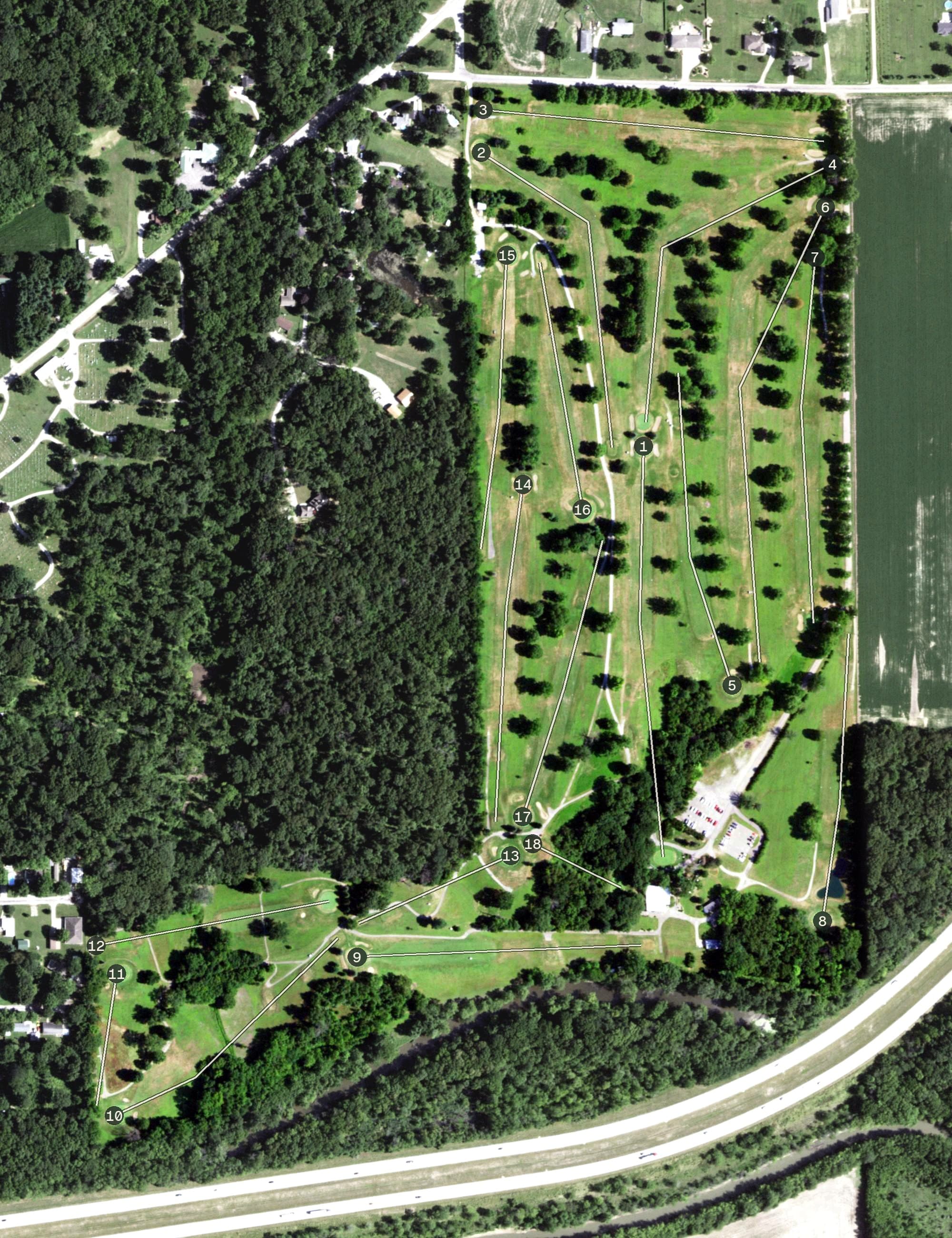 Aerial view of The Oaks Golf Course, IL, with its hole routing marked