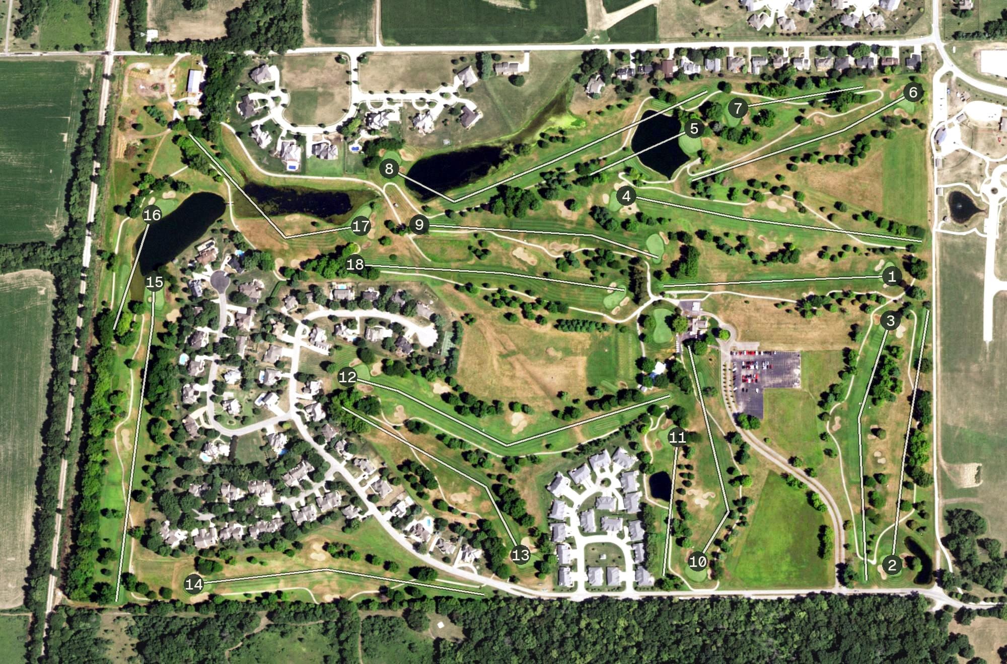 Aerial view of The Rail Golf Course, IL, with its hole routing marked