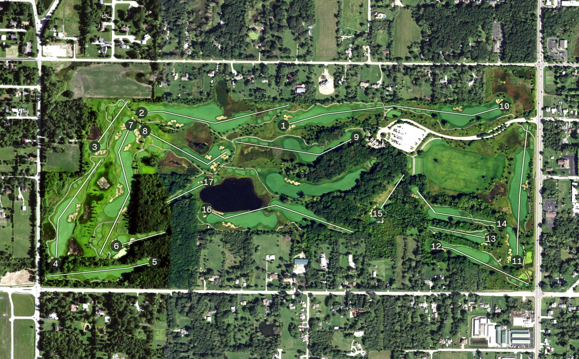Aerial view of Thunderhawk Golf Club, IL, with its hole routing marked