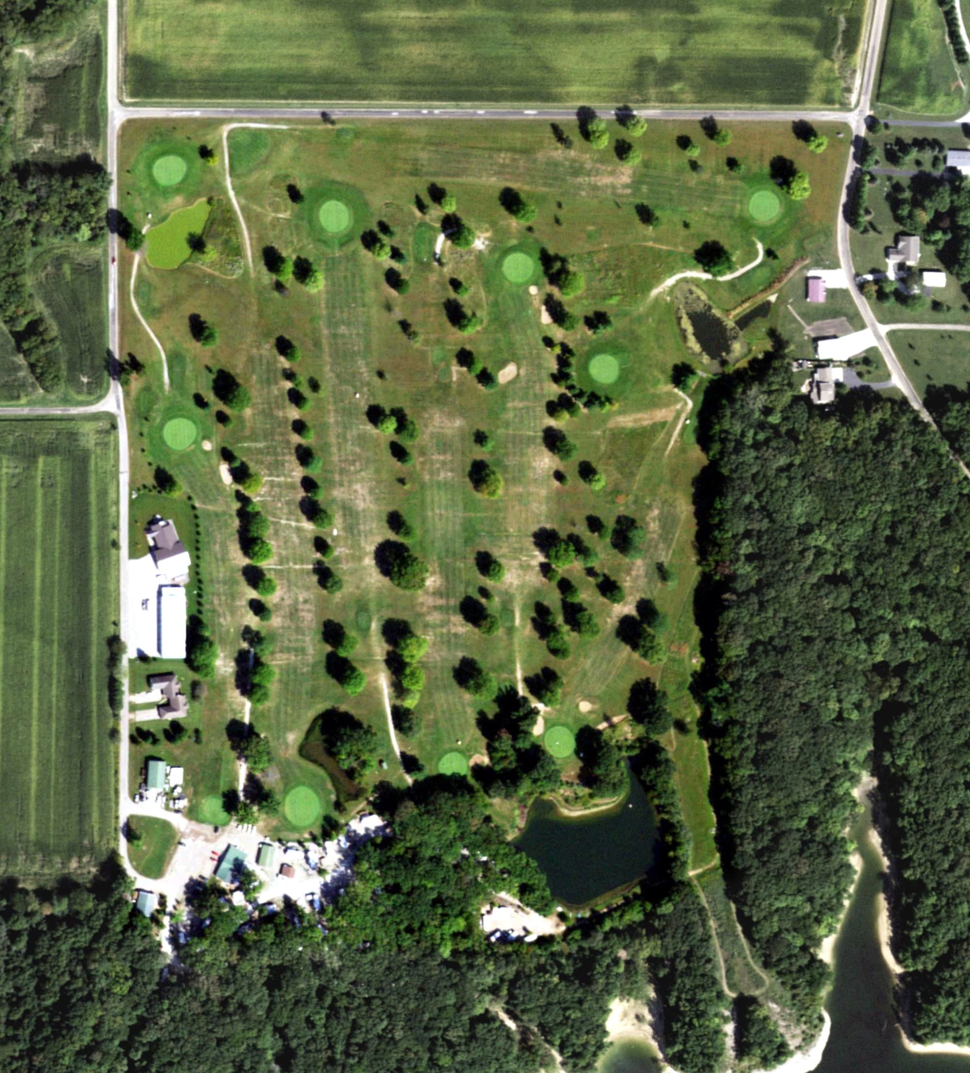Aerial view of Timber Lake Golf Course, IL, with its hole routing marked