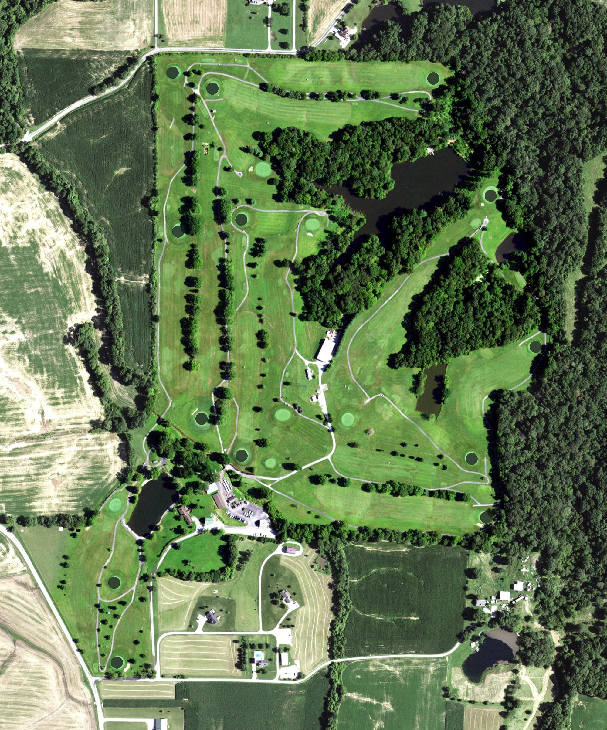 Aerial view of Triple Lakes Golf Course, IL, with its hole routing marked
