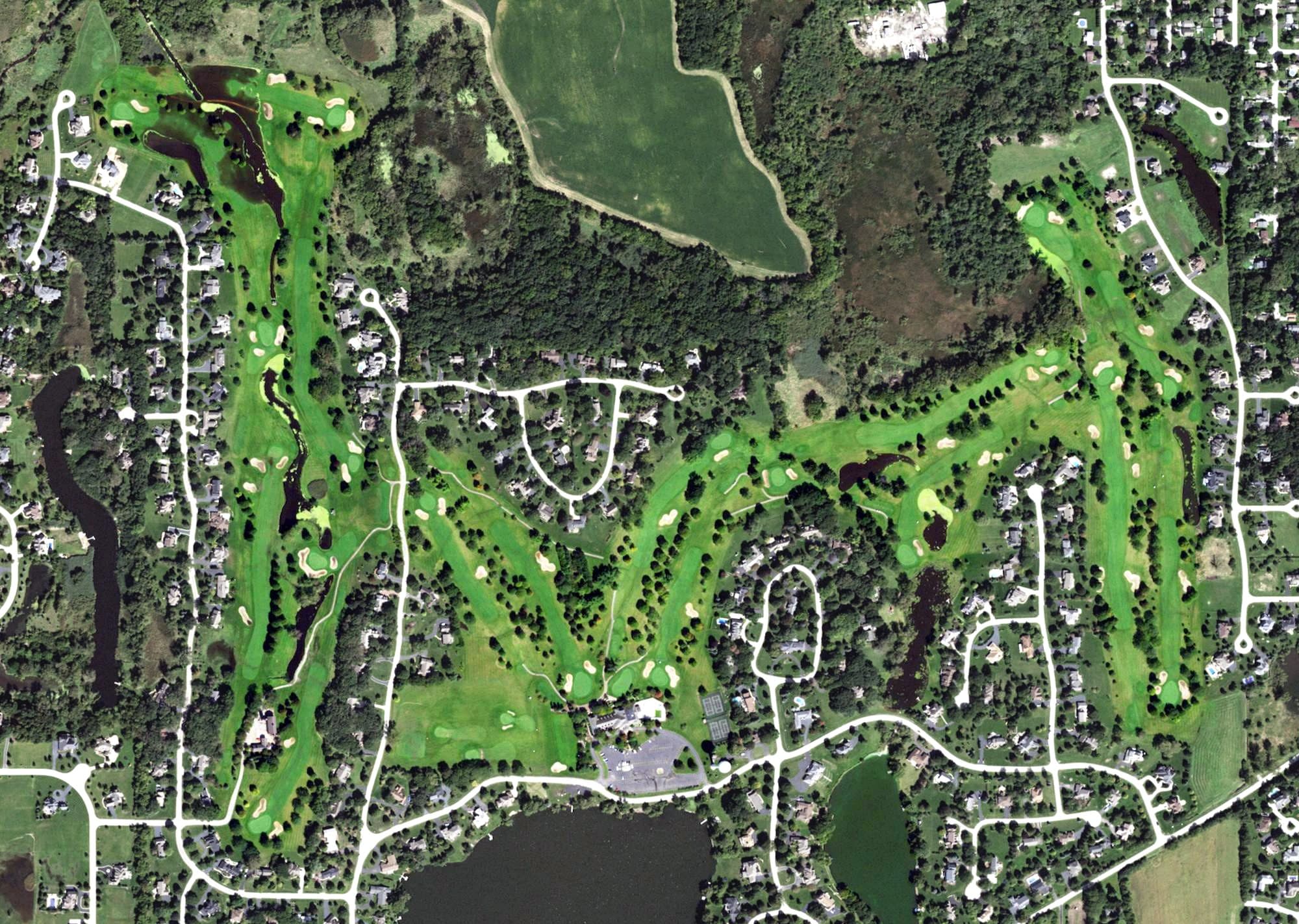 Aerial view of Turnberry Golf Club, IL, with its hole routing marked