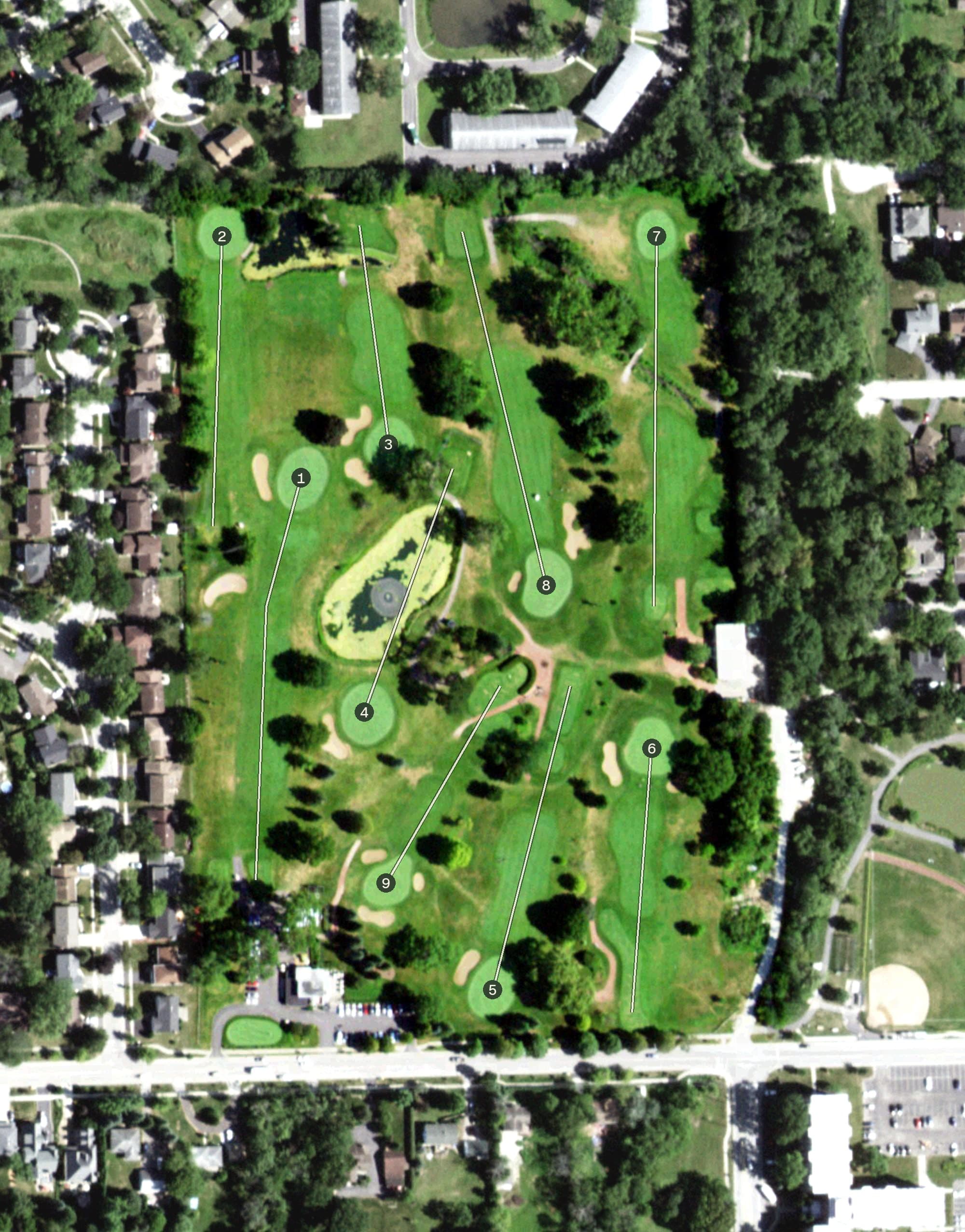 Aerial view of Twin Lakes Golf Course, IL, with its hole routing marked