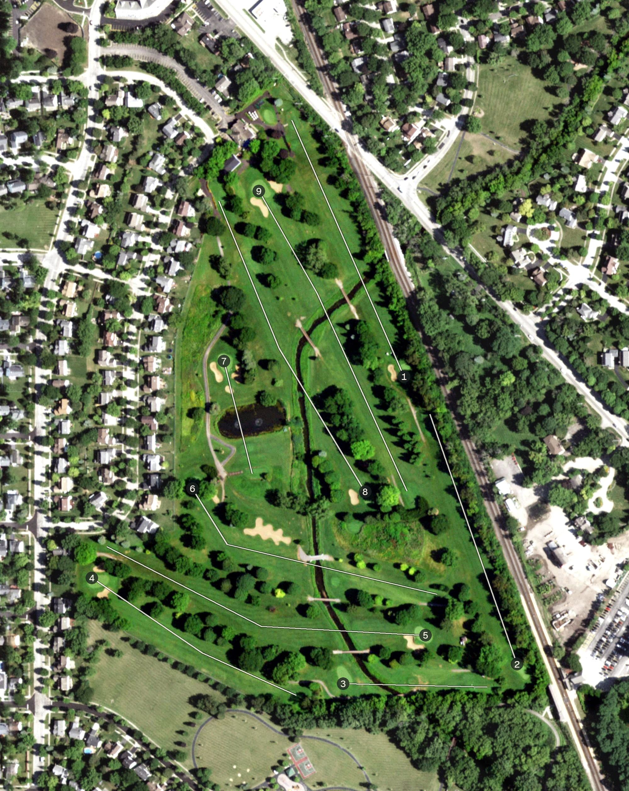 Aerial view of Vernon Hills Golf Course, IL, with its hole routing marked