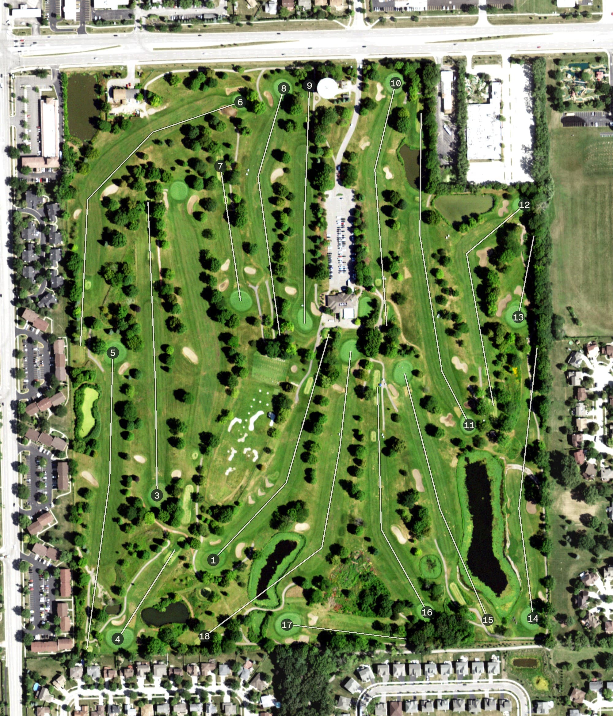 Aerial view of Village Greens of Woodridge, IL, with its hole routing marked