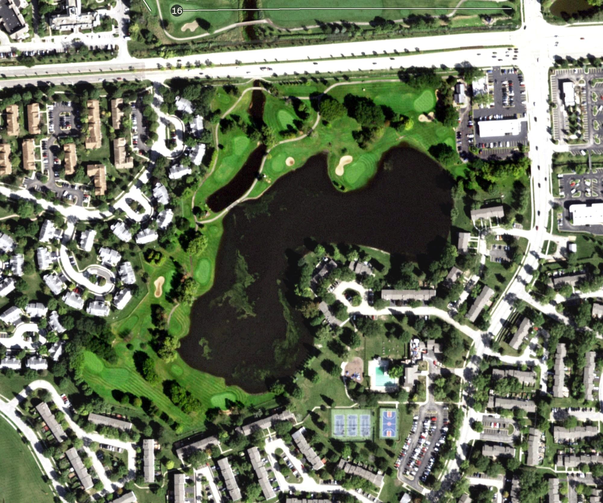 Aerial view of Walnut Greens Golf Course, IL, with its hole routing marked