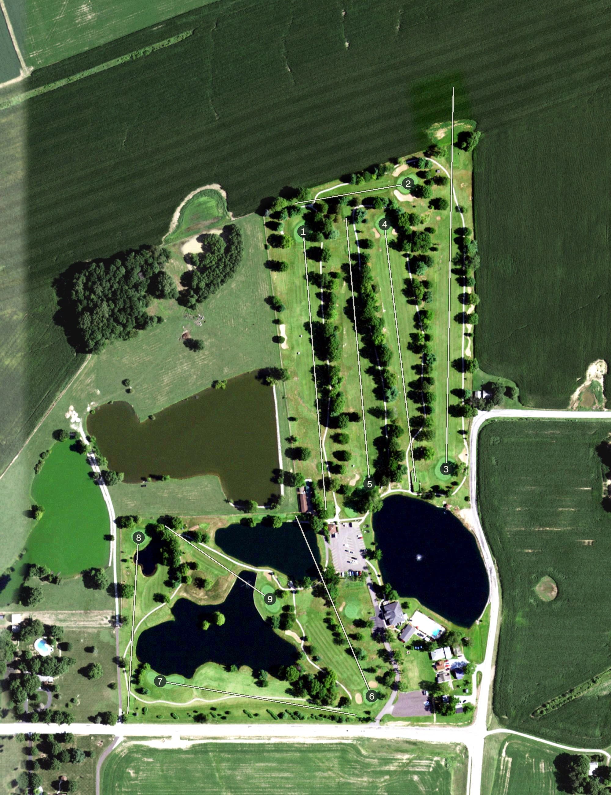 Aerial view of Waterloo Country Club, IL, with its hole routing marked