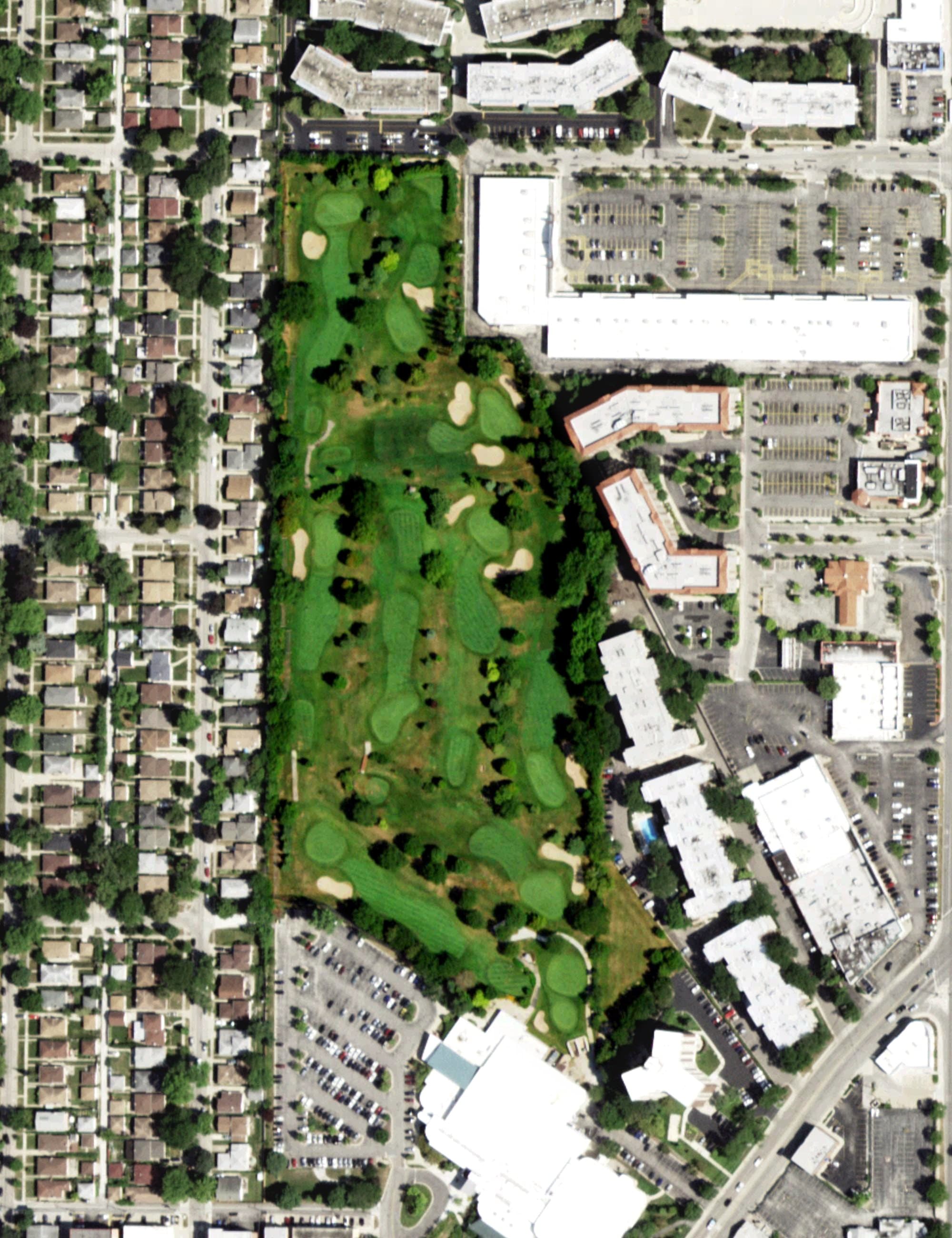Aerial view of Weber Park Golf Course, IL, with its hole routing marked