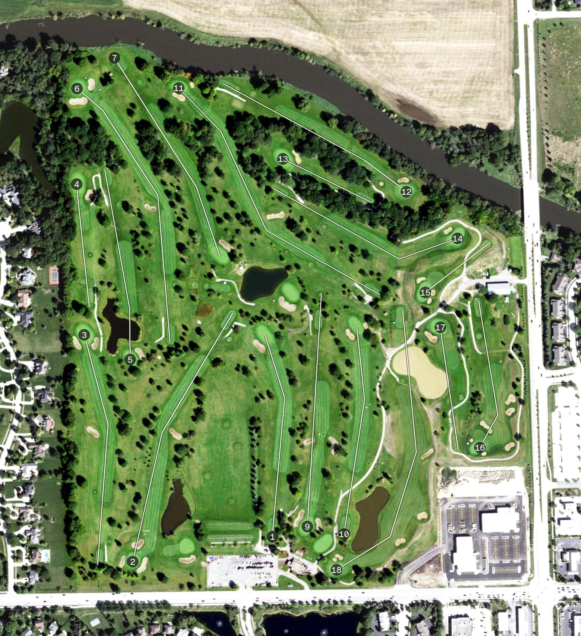 Aerial view of Wedgewood Golf Course, IL, with its hole routing marked