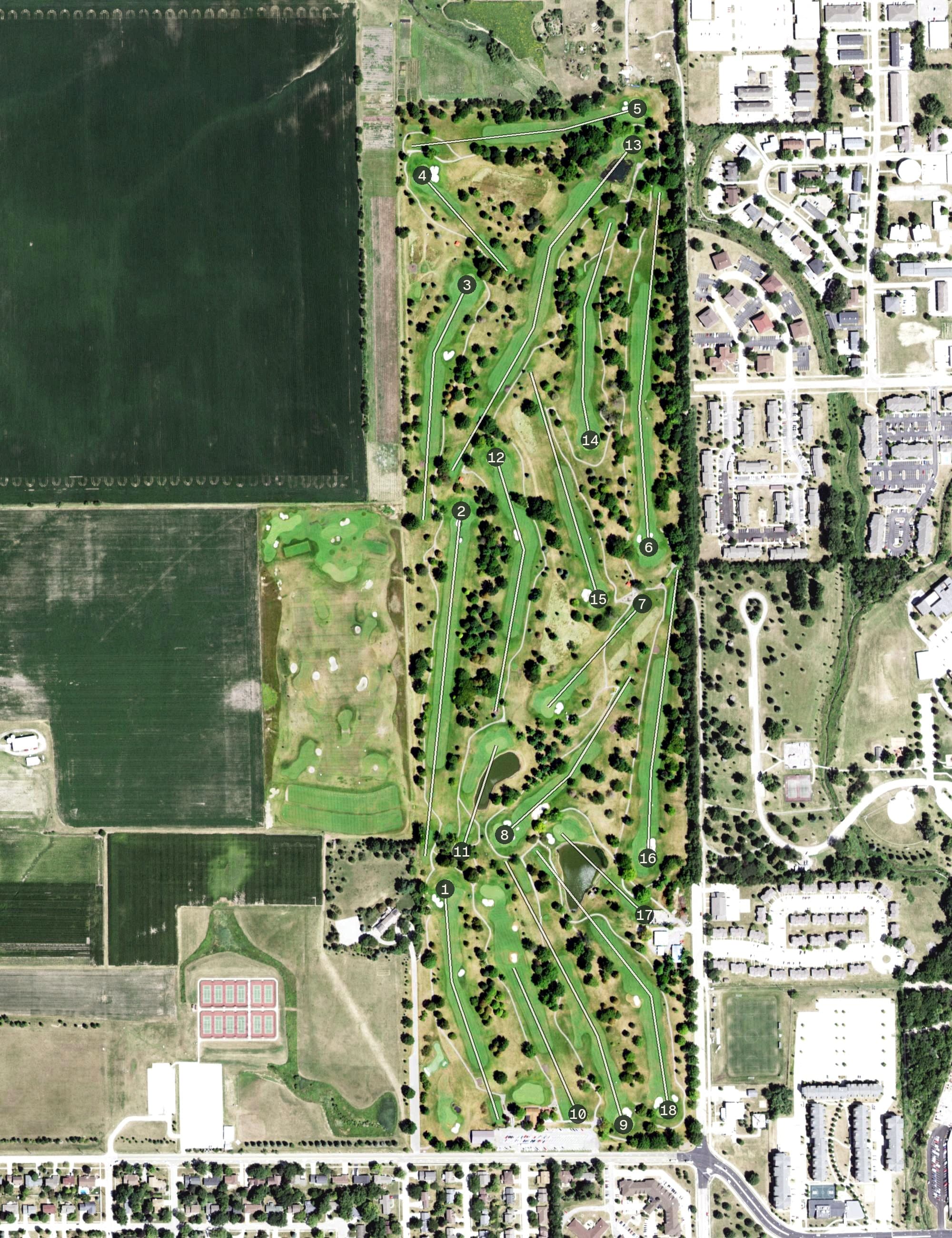 Aerial view of Weibring Golf Club, IL, with its hole routing marked