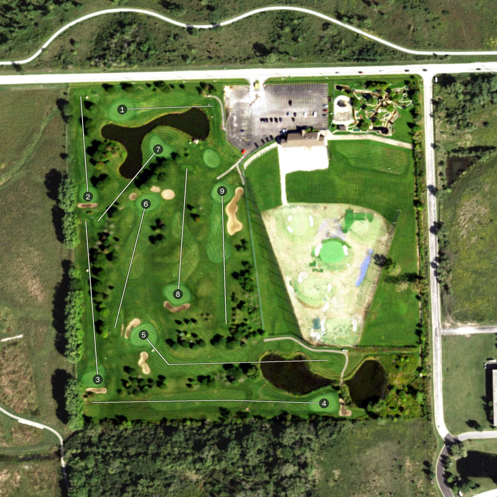 Aerial view of White Mountain Golf Park, IL, with its hole routing marked