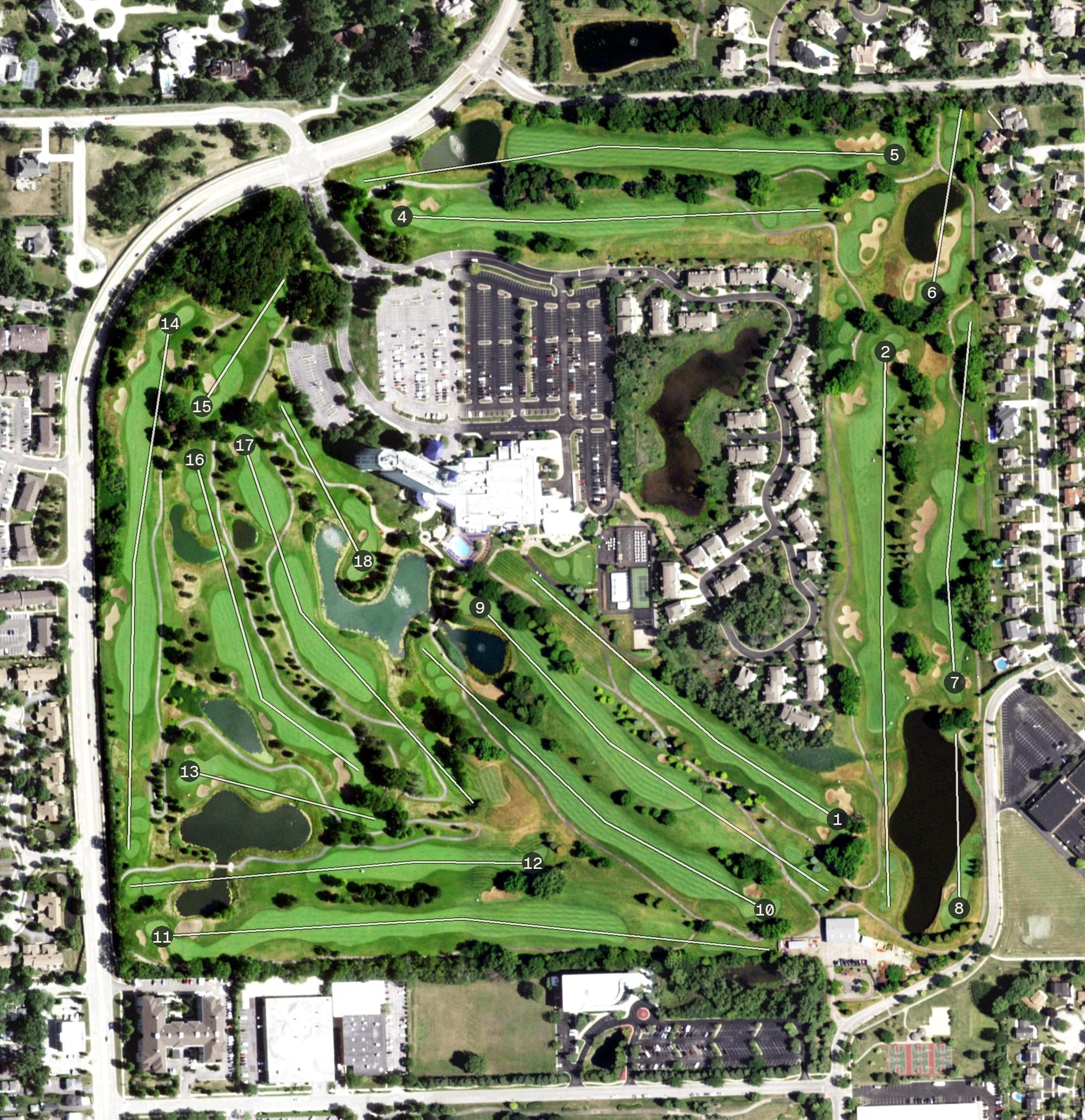 Aerial view of Willow Crest Golf Club, IL, with its hole routing marked