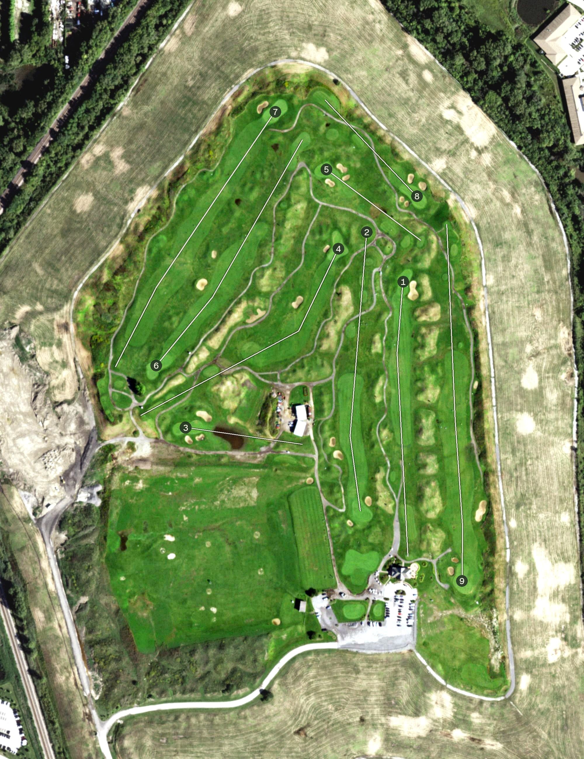 Aerial view of Willowhill Golf Course, IL, with its hole routing marked