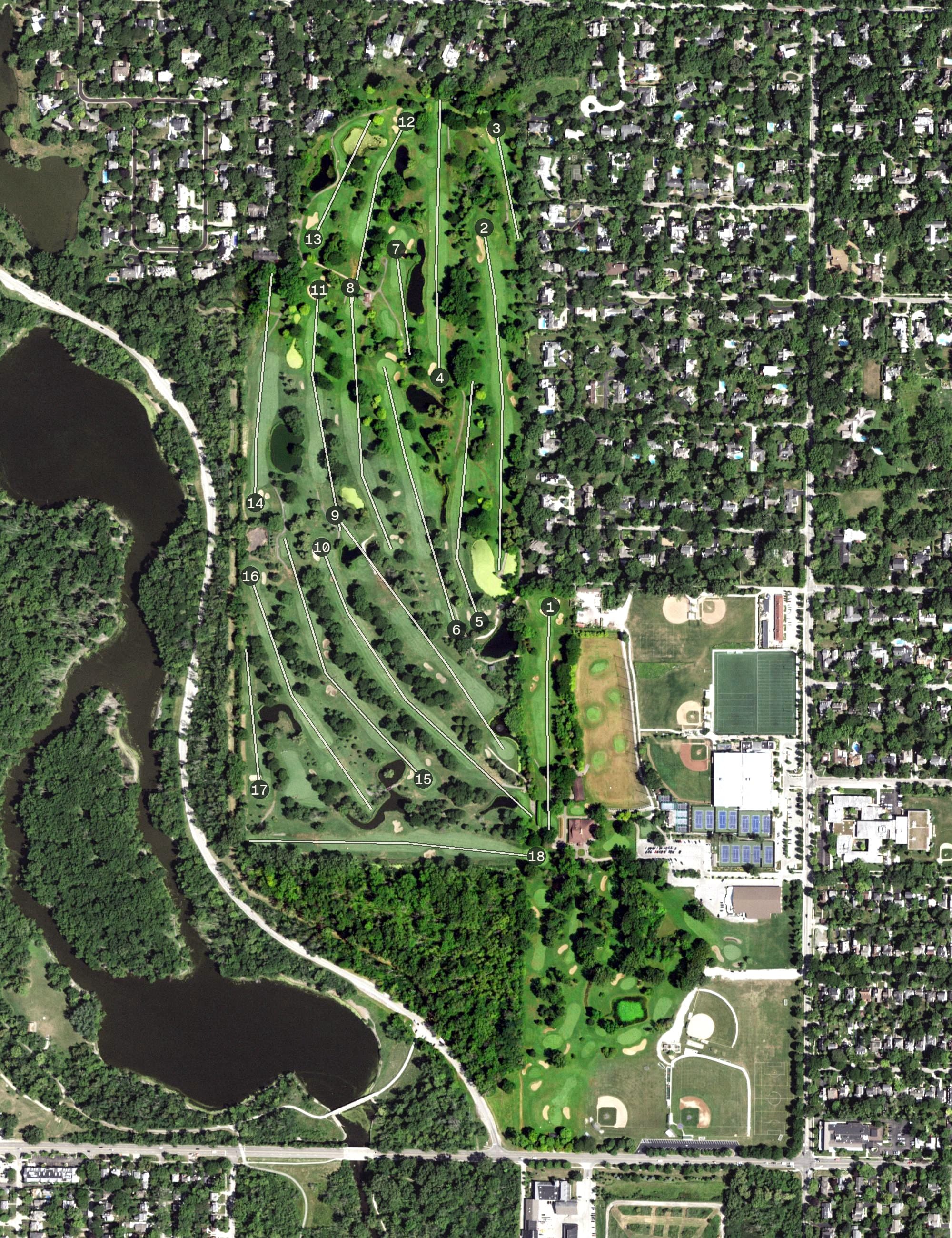 Aerial view of Winnetka Golf Club, IL, with its hole routing marked