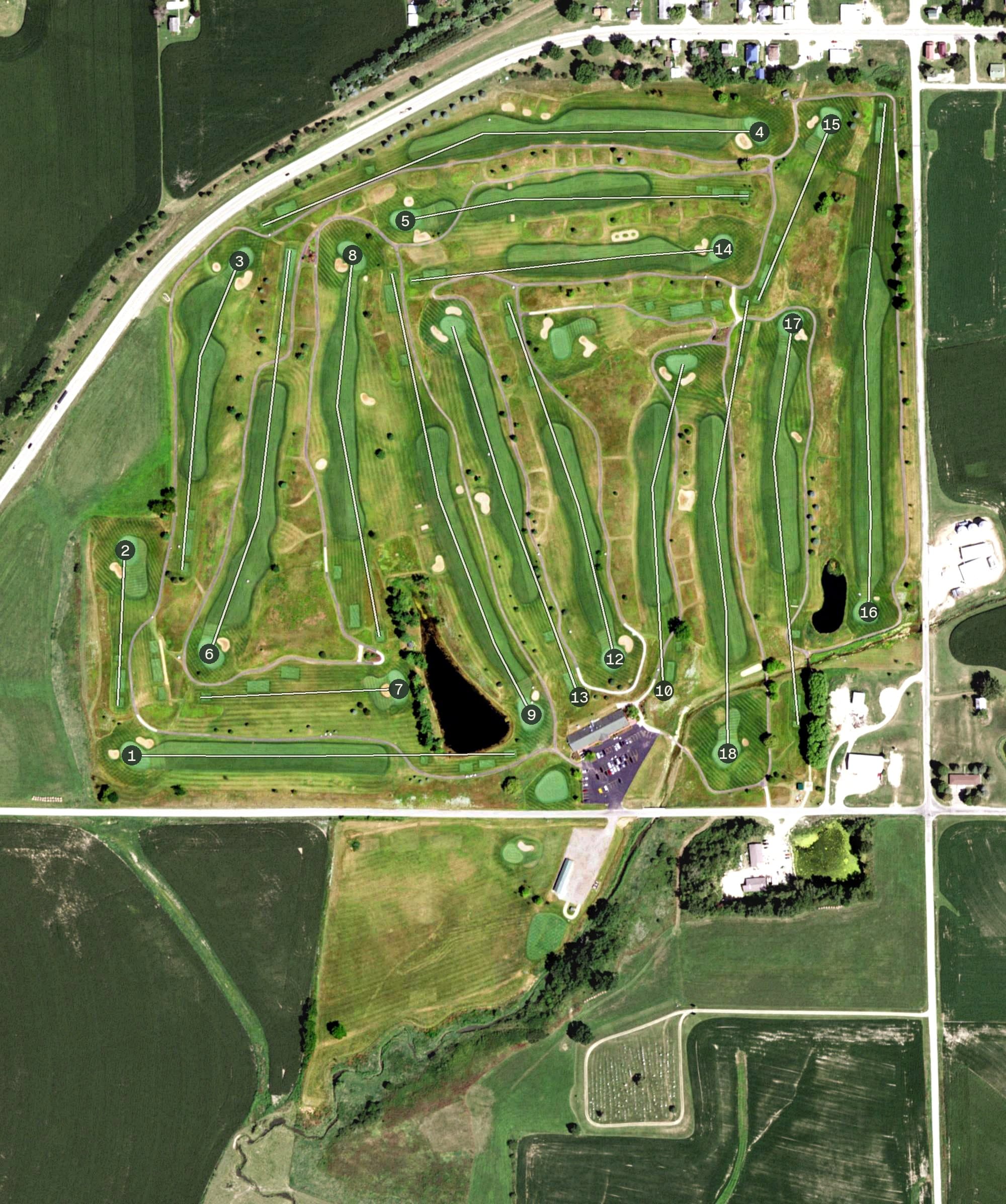 Aerial view of Woodbine Bend Golf Course, IL, with its hole routing marked