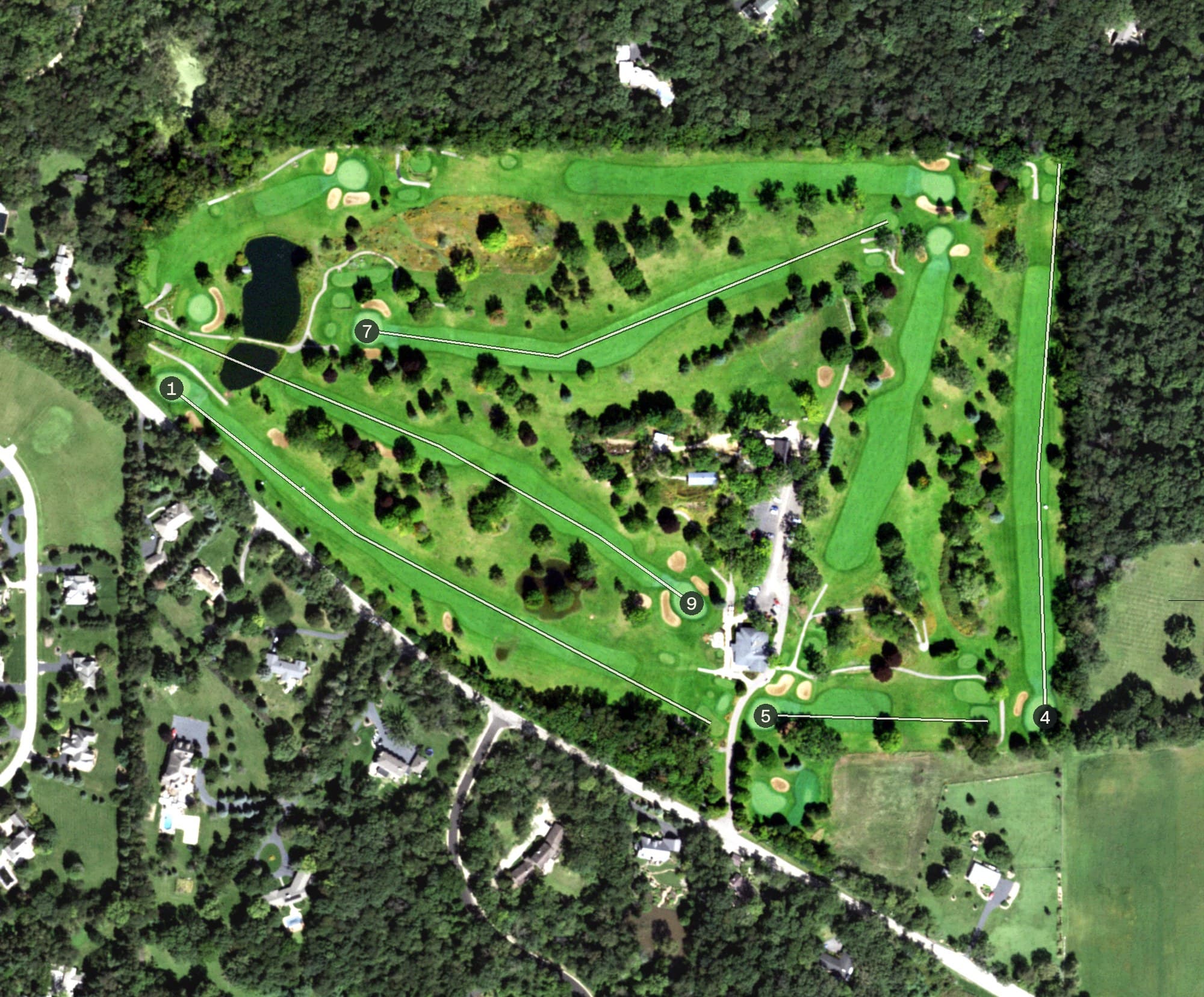 Aerial view of Woodstock Golf Club, IL, with its hole routing marked
