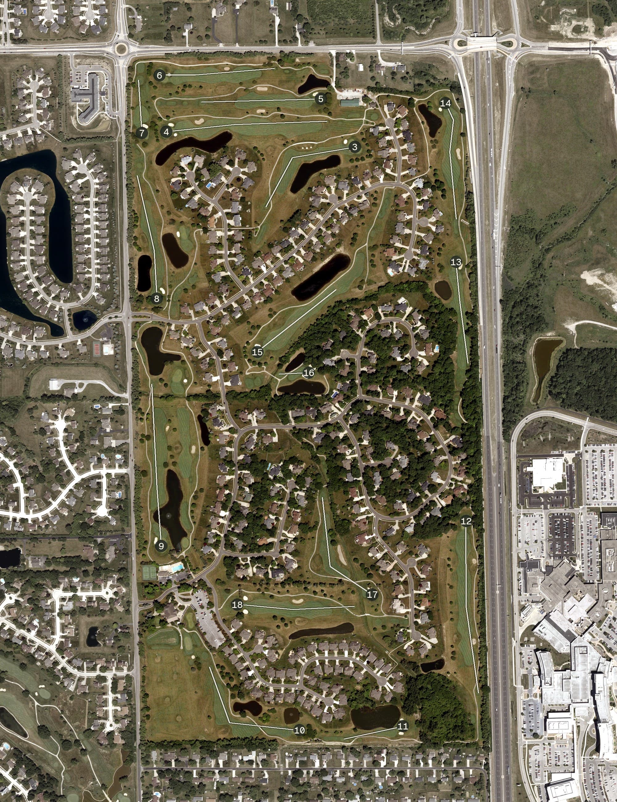 Aerial view of Autumn Ridge Golf, IN, with its hole routing marked