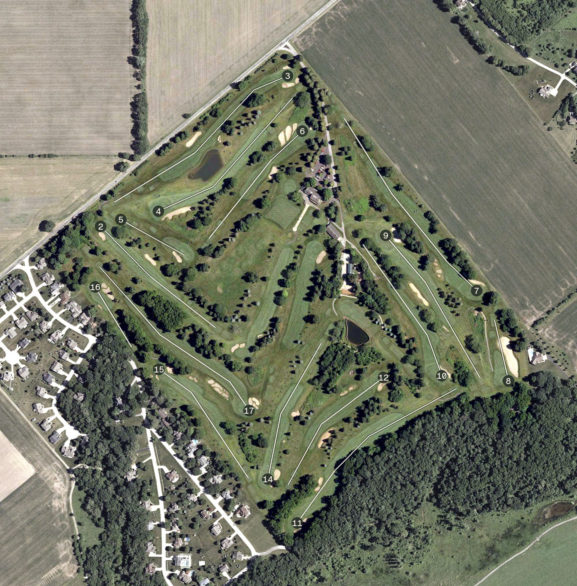 Aerial view of Battle Ground Golf Club LLC, IN, with its hole routing marked