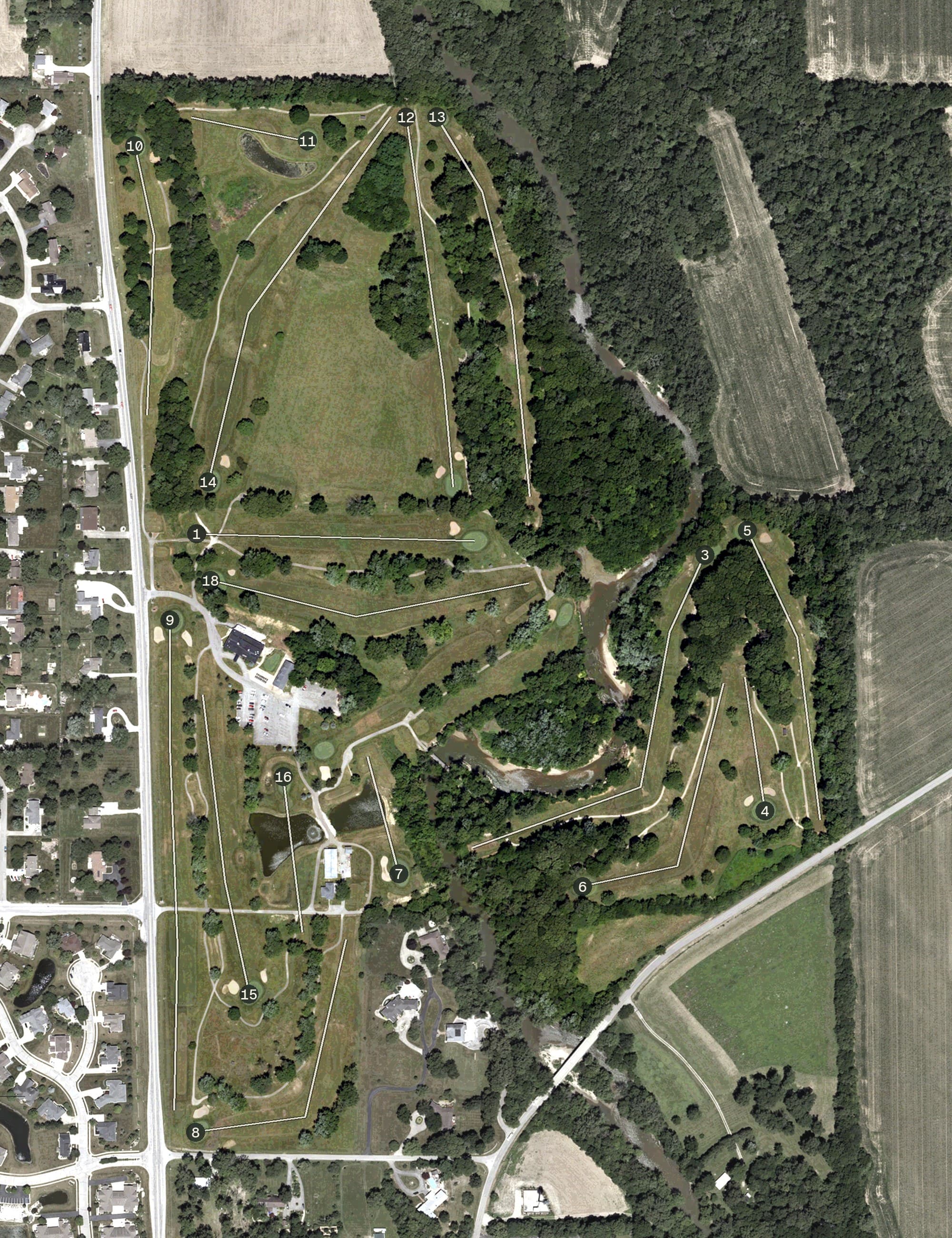 Aerial view of Bear Chase Golf Club, IN, with its hole routing marked