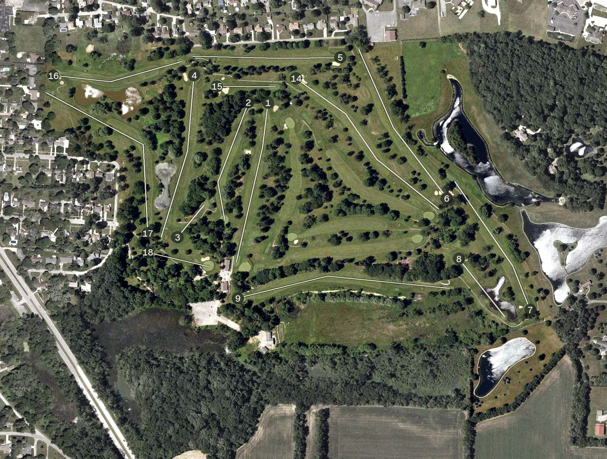 Aerial view of Beechwood Golf Course, IN, with its hole routing marked
