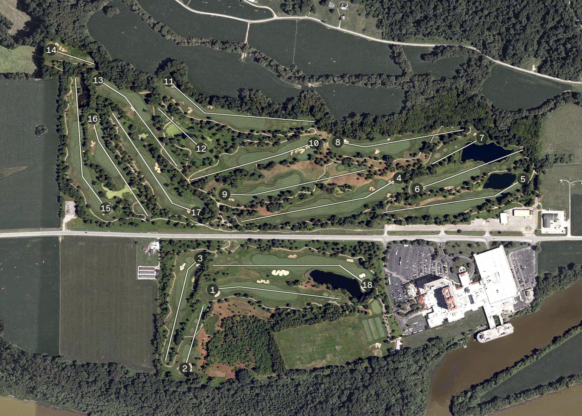 Aerial view of Belterra Golf Course, IN, with its hole routing marked